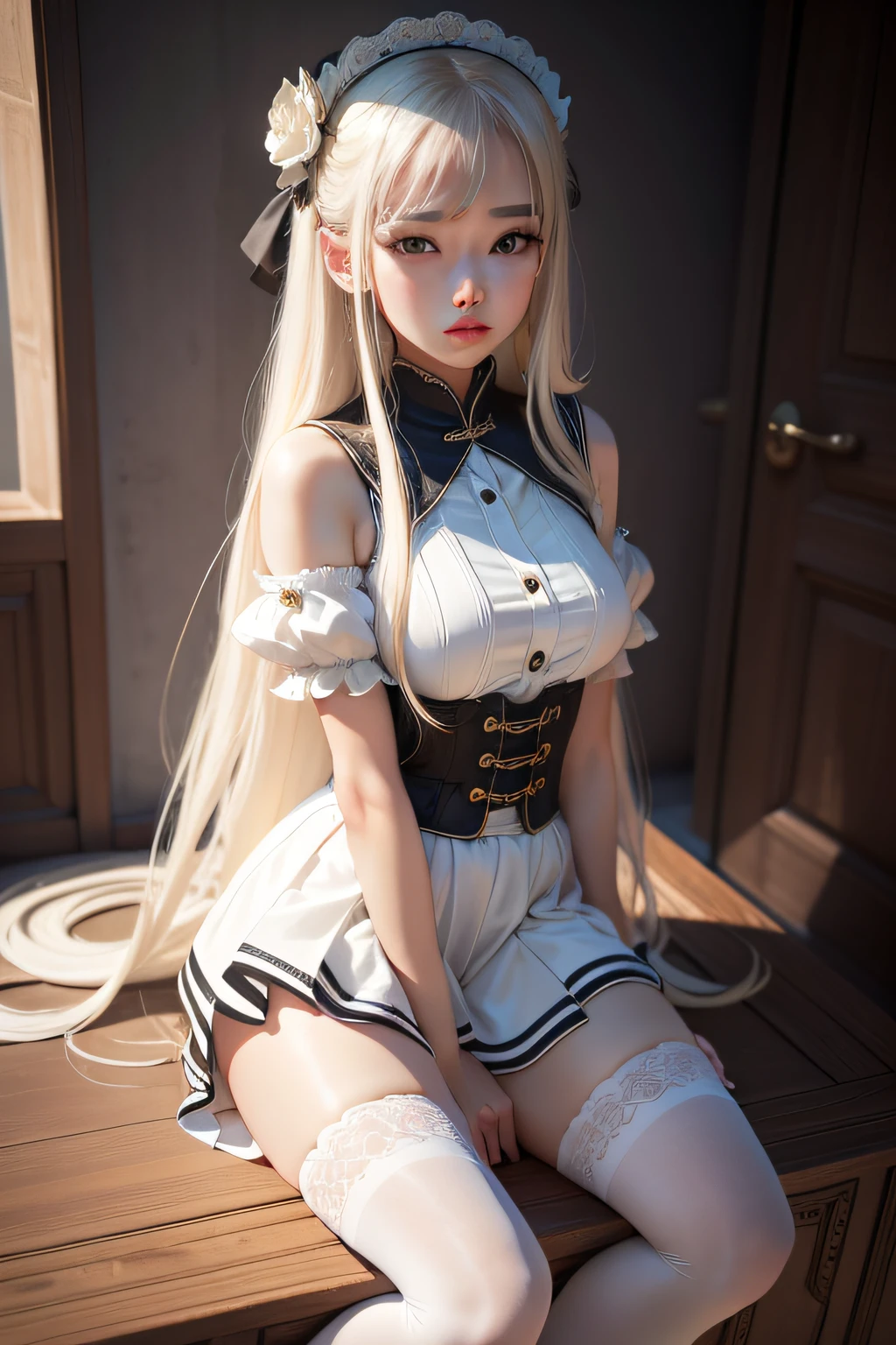 4k,realisticlying,Glamorous,The is very detailed,There is a girl in Dingcheng,Wear JK,white legwear,long whitr hair,young ,full bodyesbian