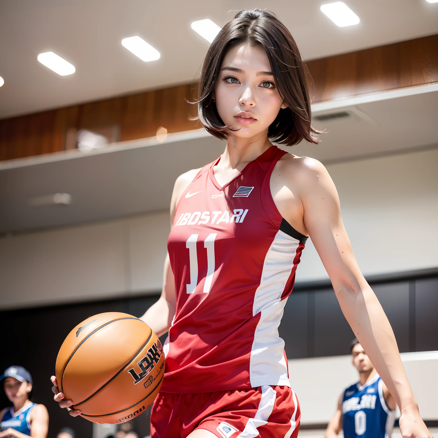 8K分辨率,half-body photo,photorealestic),(1 female,18yr old,(Face fidelity:Sakai Izumi's facial features:1.4,Bones thin face,s delicate face),com rosto detalhado,(Light makeup),Beautiful face,com rosto detalhado,详细的脸,Ultra-fine makeup,Black colored eyes,Short hair micro-curls,(Windswept hair,Messy has layers),Redlip,Fair smooth skin,(Best Skin Type:1.21),mediuml breasts,(Loose men's basketball uniform,((Chest printing:SHOHOKU,Number 10 or number 11))),Tall and tall,Sweating after training,perfect hand,Perfect gripping position,Perfect posture,Ultra-fine clothing material),(expressioness:self-assured,exhilarated,Determination),(Light assist,profesional lighting),(colours:White or red)),(Golden section,Cinema lenses,Hasselblad photograp,tmasterpiece:1.3),(Cold and sexy,athlete,Sporty style,Artis,Official propaganda)