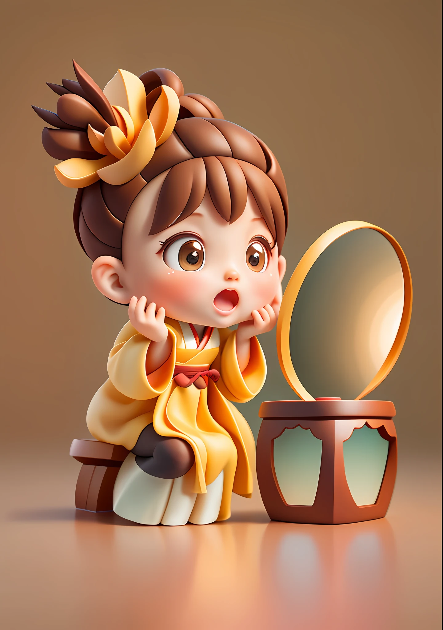 Cute little girl sitting，cute  face，Brown hair long，Air bangs，Coiled hair，expression of surprise，Wearing Hanfu，looking in a mirror