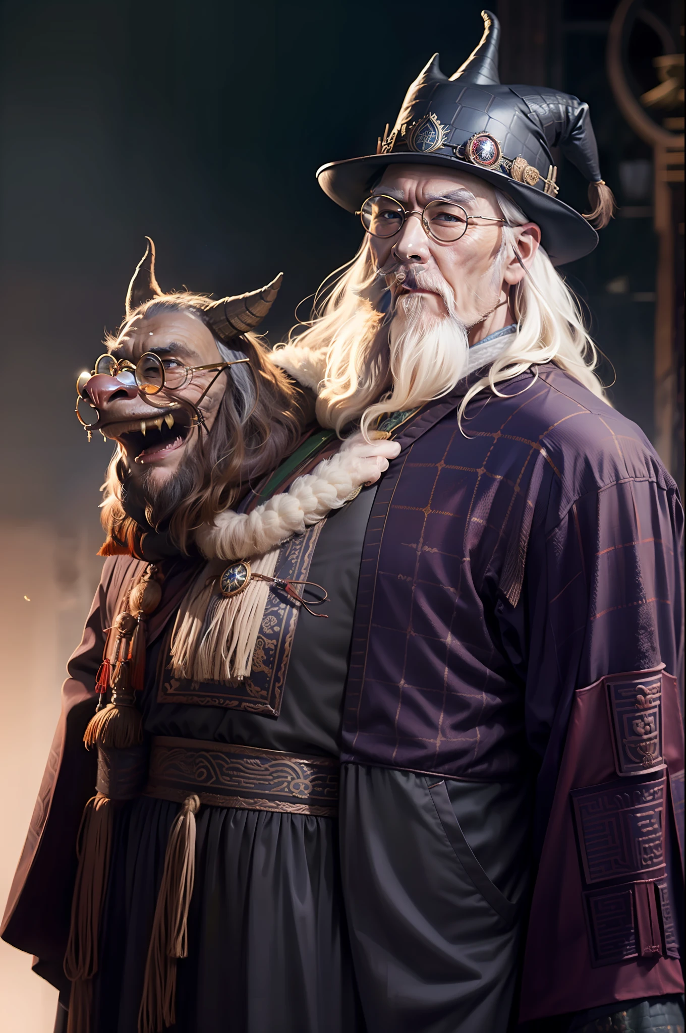 dumbledore，a old man，Big chest，wearing an outfit，Wearing Chinese dragon armor，Wearing a crocodile head hat,muscle men， Man ,Wear half-moon glasses