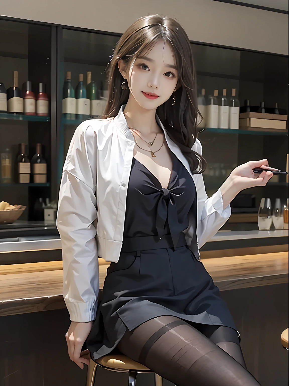 Exquisite, masterpiece, beautiful details, colorful, delicate details, delicate lips, intricate details, large breasts, 1 female, (a beautiful 20-year-old cute Korean woman: 1.1), (kpop idol, Korean mixed), (50mm Sigma f/1.4 ZEISS lens, F1.4, 1/800s, ISO 100, photograpy:1.1), (brunetize: 1.2), (photorealistic:1.4 ), (SPY:1.2), (Open Jacket,Shirt, Skirt,Tie,Black Pantyhose,Christian Louboutin\(Brand\),:1.3), Earrings, Necklace, Armbands, (Tavern, Bar:1.2), (Beautiful Legs, High Girl, Skinny, slim_legs, thigh_gap, Model:1.2), Lens flare, viewed from the front, (Happy smile: 1.1), dynamic pose, (makeup: 1.2), sitting on a bar stool,