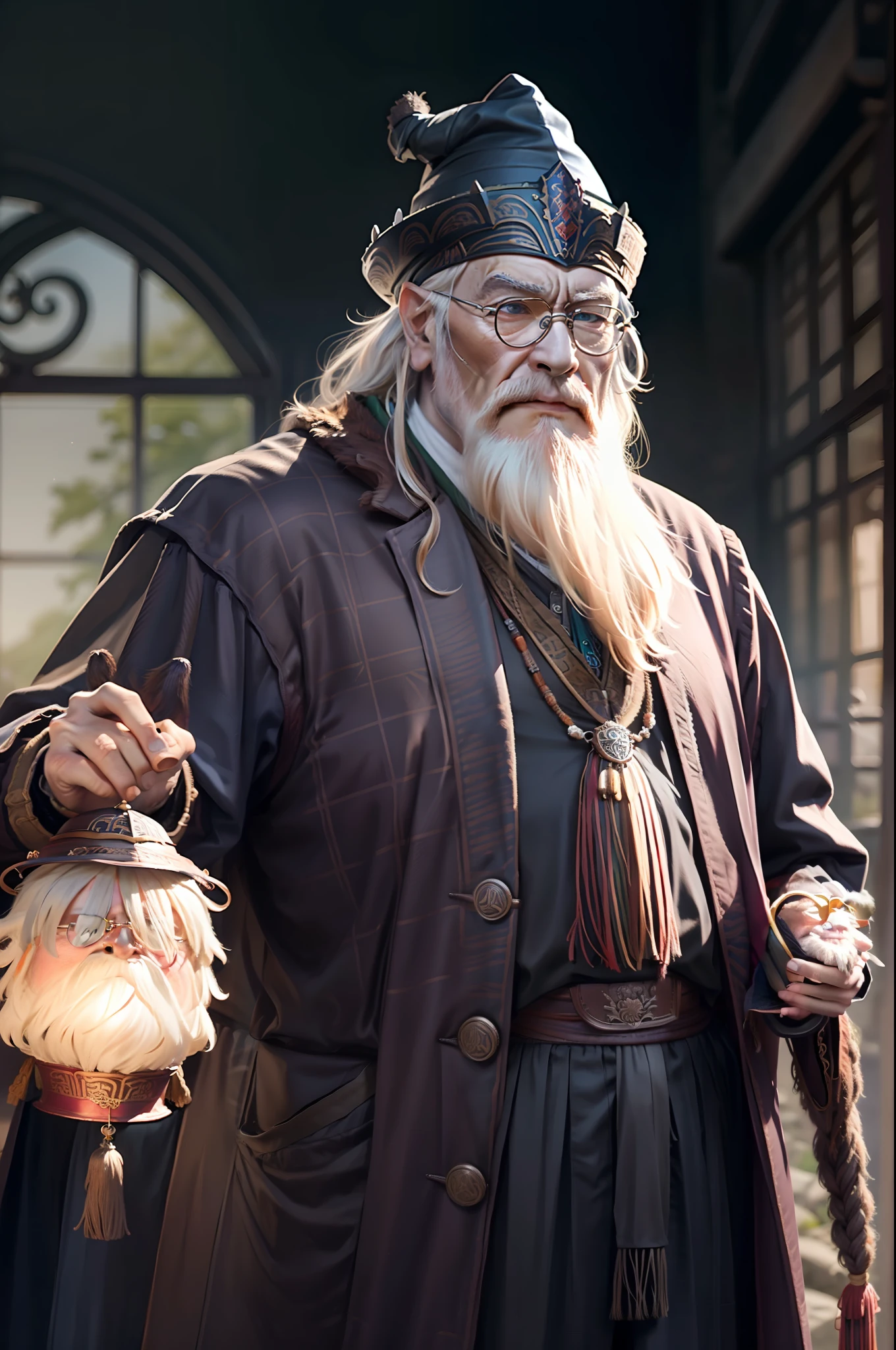 dumbledore,a old man,Big chest,wearing an outfit,Wearing Chinese dragon armor,Wearing a crocodile head hat,muscle men, Man ,Wear half-moon glasses