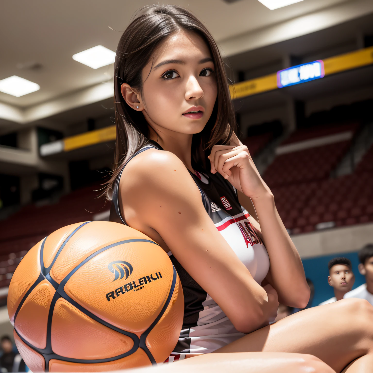 8K分辨率，half-body photo，photorealestic），（1 female，18yr old，（Face fidelity：Sakai Izumi's facial features：1.4，Bones thin face，s delicate face），com rosto detalhado，（Light makeup），Beautiful face，com rosto detalhado，详细的脸，Ultra-fine makeup，Black colored eyes，Short hair micro-curls，（Windswept hair，Messy has layers），Redlip，Fair smooth skin，（Best Skin Type：1.21），mediuml breasts，（Loose men's basketball uniform，（（Chest printing：SHOHOKU，Number 10 or number 11））），Tall and tall，Sweating after training，perfect hand，Perfect gripping position，Perfect posture，Ultra-fine clothing material），（expressioness：self-assured，exhilarated，Determination），（Light assist，profesional lighting），（colours：White or red）），（Golden section，Cinema lenses，Hasselblad photograp，tmasterpiece：1.3），（Cold and sexy，athlete，Sporty style，Artis，Official propaganda）