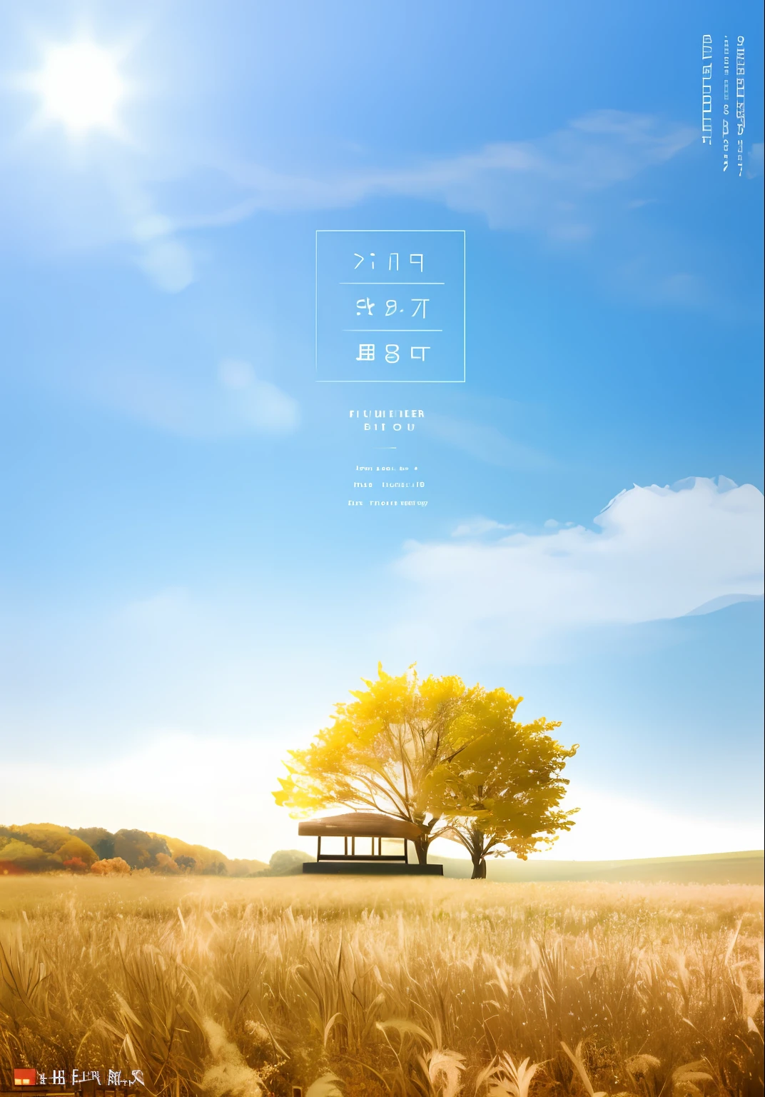 Autumn,Yellow fields,Blue sky,there is a tree that is in the middle of a field,There is a bench, , far away dreamy atmosphere,perfect render,8K high-definition