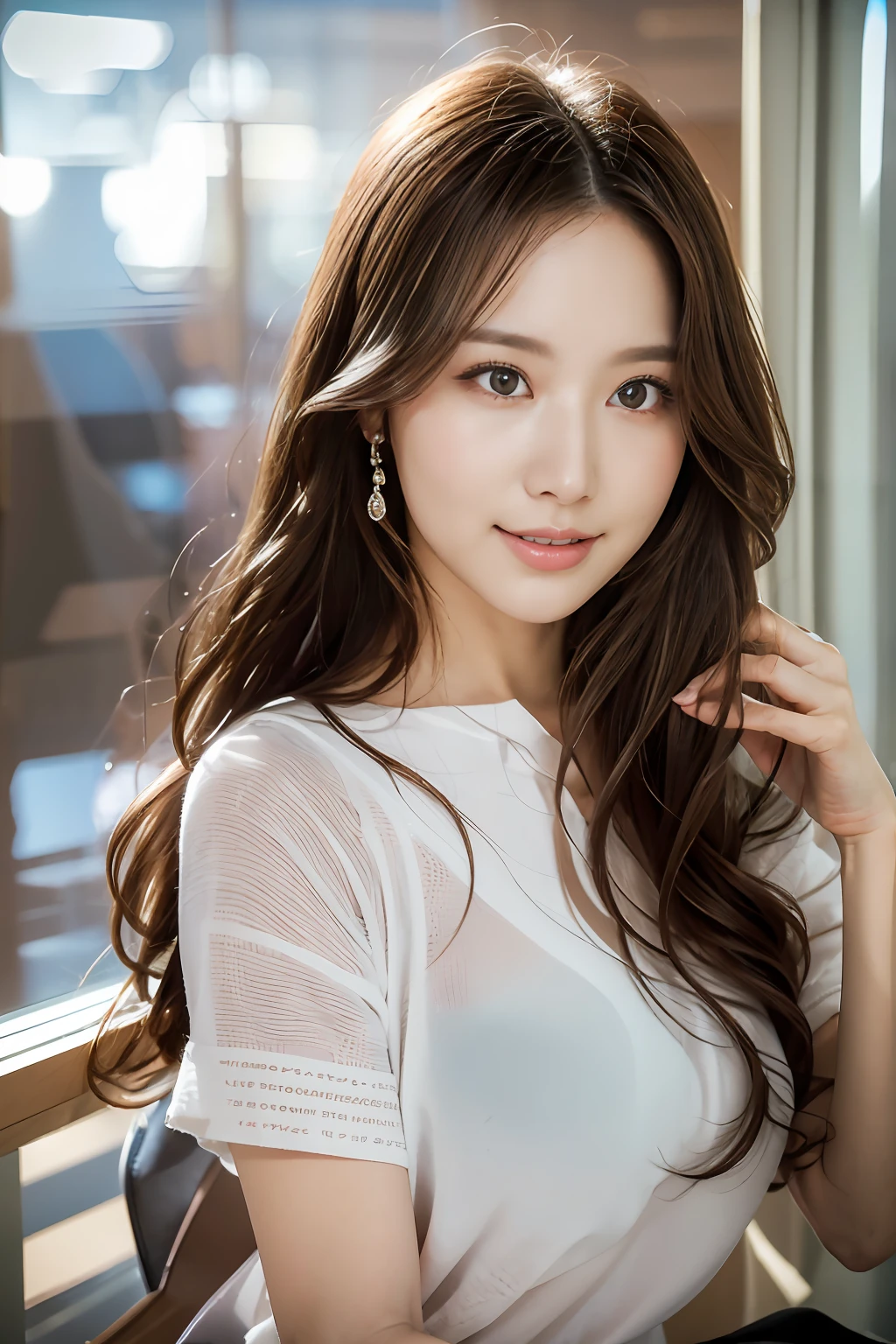 - [ ] photorealistic:1.37, masterpiece, best quality, raw photo, absurdres, uhd, 1girl, wavy hair, brown hair, seductive , looking at viewer, in the large meeting room of the office in the high tower office building in  Tokyo ,Tokyo tower,intricate detail, detailed background, detailed skin, pore, highres, hdr , presentation to ten men , beautiful model, soft light to the face,JP_MODELS,white shirts uniform, blue braze , a 30 yo woman