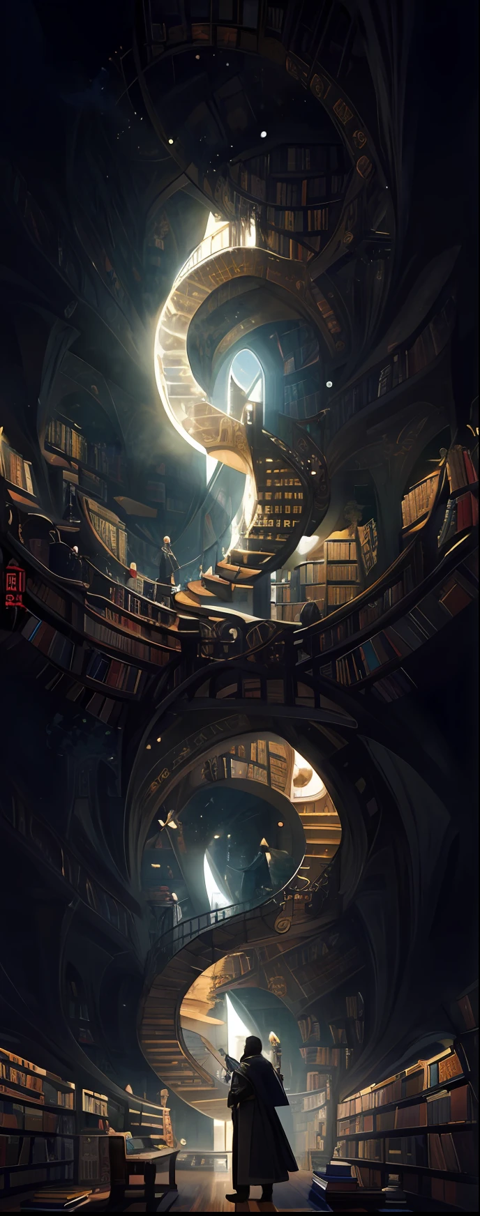 A man stands in the image of Alphad in the library,Endless books around。Timeless works of art, Book Cave, fantasy book illustration, Spiral rack full of books, Unlimited celestial library,gothic epic library, Magic Library, Chinese science fiction book art。