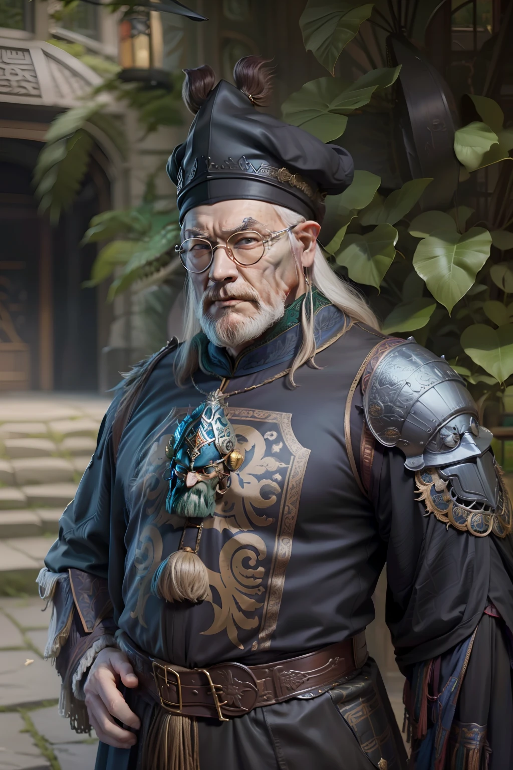 dumbledore,a old man,Big chest,wearing an outfit,Wearing Chinese dragon armor,Wearing a crocodile head hat,muscle men, Man ,Wear half-moon glasses