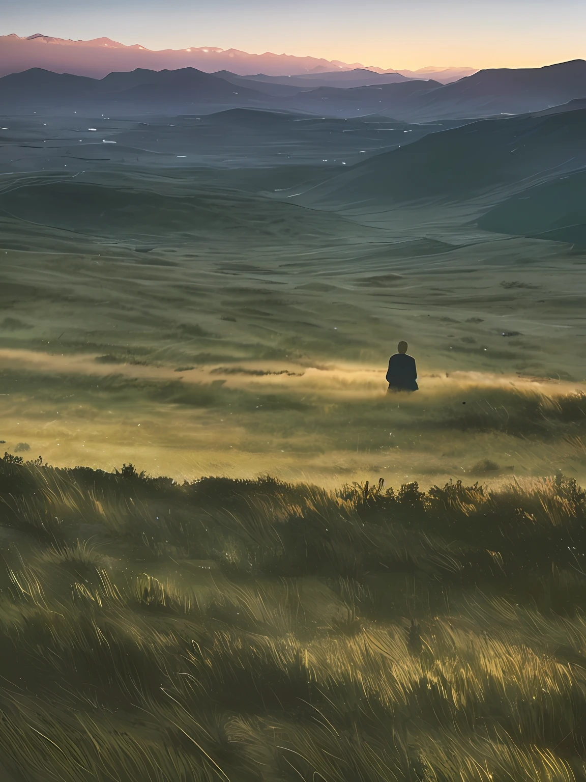 It was dark and twilight，Far Mountain，grassy fields，The back of a man and a woman
