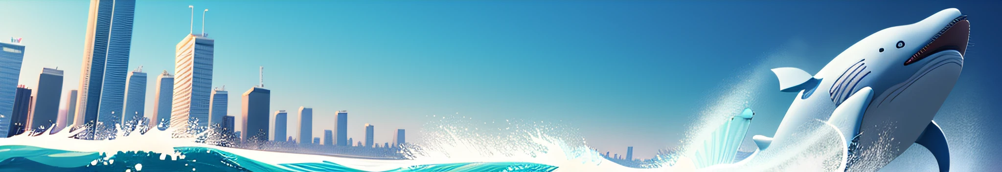 A cartoon whale floats in the water near the city, blue whale, Flat illustration, whale, Will Ellis, author:Jason Felix, Commercial illustration, rendering, author:Matt Stewart, flying whale, Simple and clean illustration, high quality illustration, author:Sam Black, 2. 5 d illus, cyborg whale, 🚿🗝📝, Full width, author:Ella Guru