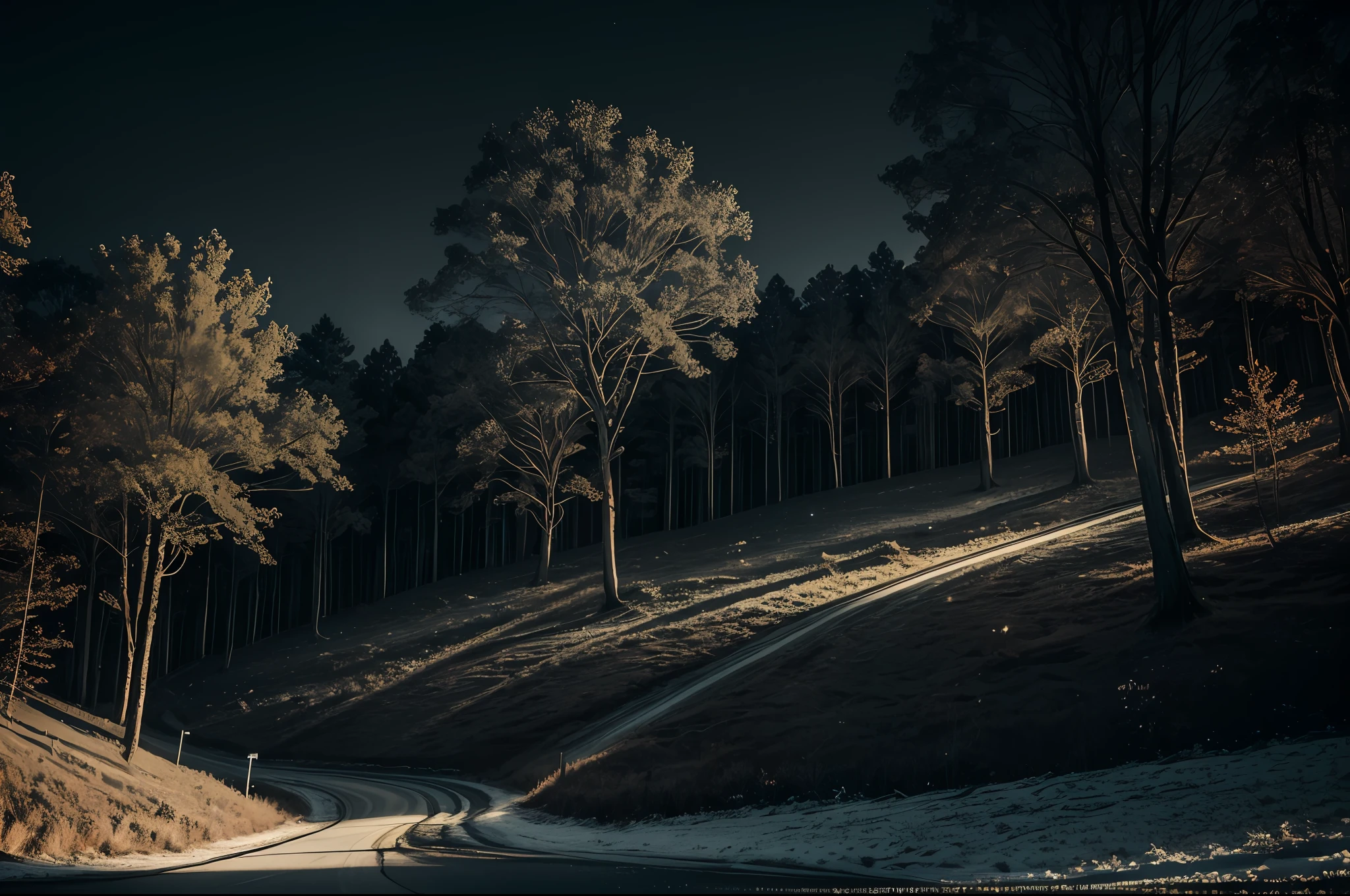 a hill with trees, night scene, portrait, wide angle, 1/2 shutter speed, shades of black in the background, incredibly detailed and intricate, hyper maximalist, elegant, ornate, hyper realistic, super detailed