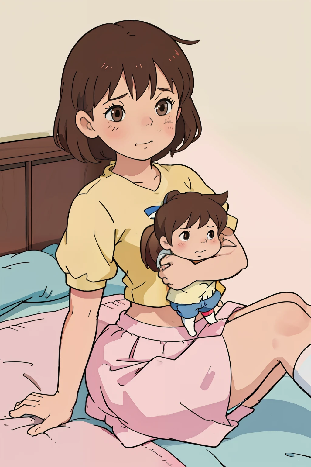 A  giant girl holding a doll towards her chest, holding doll, giantess, yellow shirt, looking down, brown hair, blushing, white socks, white skirt, pink panties, low angle, girl looking down at boy, 18 year old girl, brown hair, short hair, thicc, oppai, smug, in bedroom, cramped, sitting down, looking down, low angle, tiny bedroom, oppai,  boy, size difference, smug, wholesome, very cute, petite, busty, anime, studio ghibili, clevage, bare midriff, big boobs, breast focus, big butt
