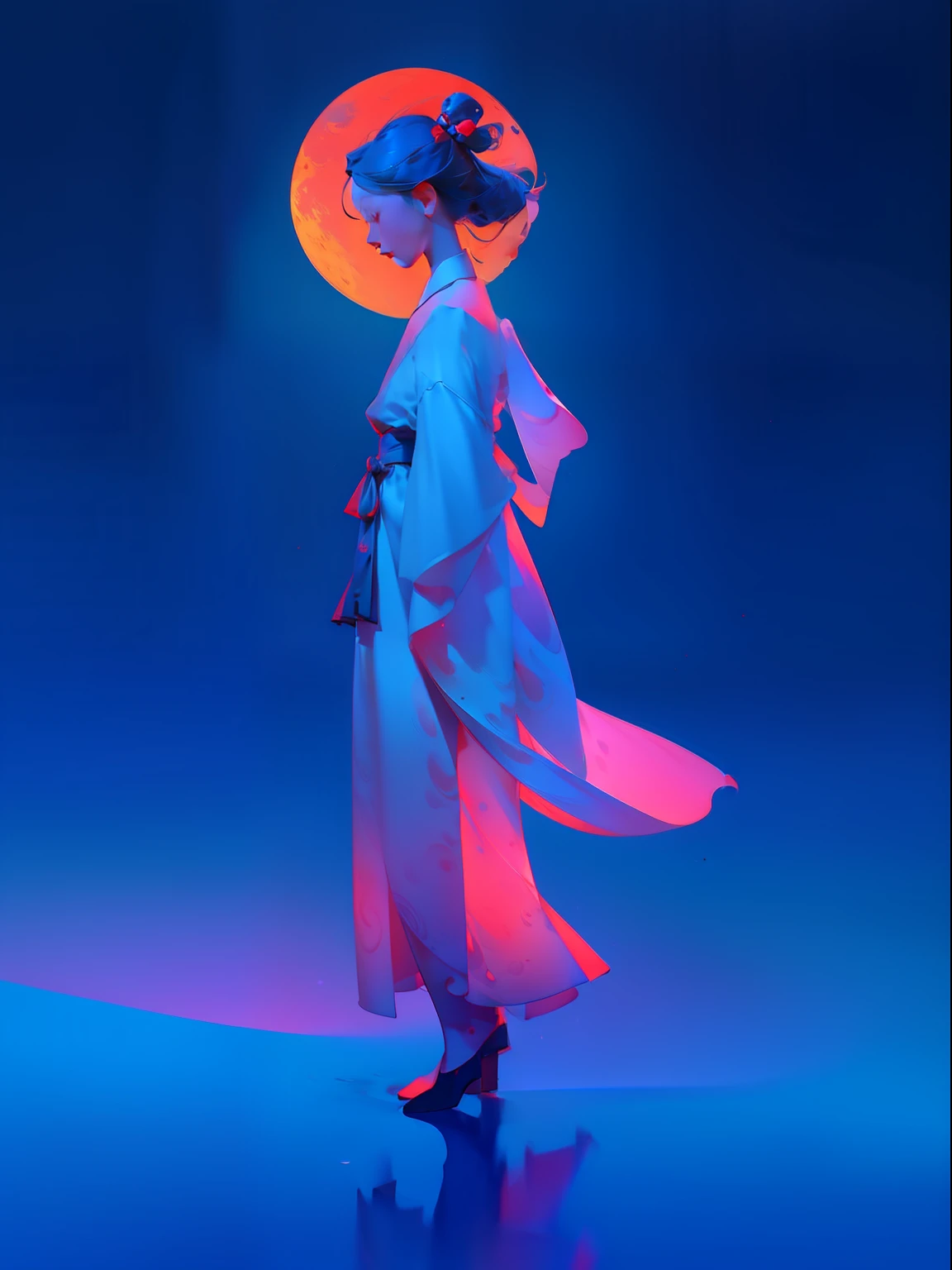 a night scene with a Chinese lady，wearing Hanfu，walk through the Chinese porch, Minimalist illustrations, classical, Chinese Zen, minimalism, Tang dynasty, landscape painting, red and classical blue gradient, water reflection ,moon, zen-like tranquility