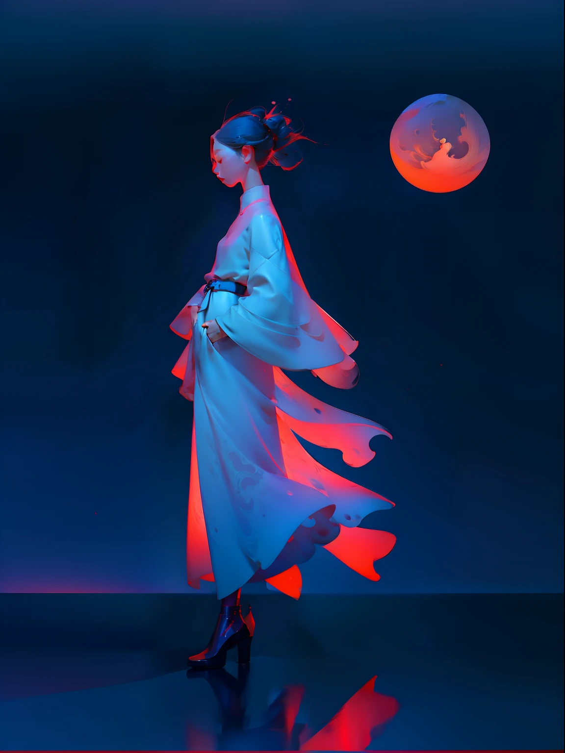 a night scene with a Chinese lady,wearing Hanfu,walk through the Chinese porch, Minimalist illustrations, classical, Chinese Zen, minimalism, Tang dynasty, landscape painting, red and classical blue gradient, water reflection ,moon, zen-like tranquility