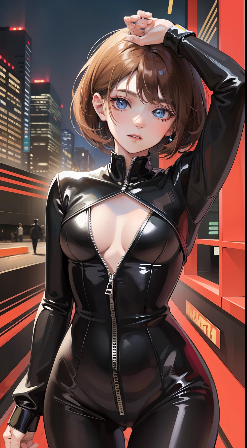 Young guy, short brown hair, blue eyes, black catsuit, Masterpiece, hiquality