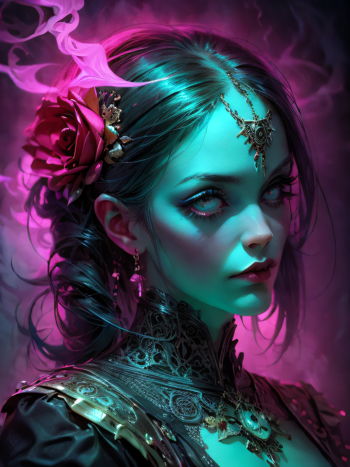 HighestQuali,tmasterpiece:1.2,Detailed details,4k realistic Roman mythology, Kizi, Halloween dress up,Steampunk Gothic Victorian style, deep colour, psychology, surrealism, Sublimation, subconscious, Emotions, enthusiasm, In pink、White and red details, rose flower background,Green smoke from hair, Blue smoke background, Soft red and blue light,