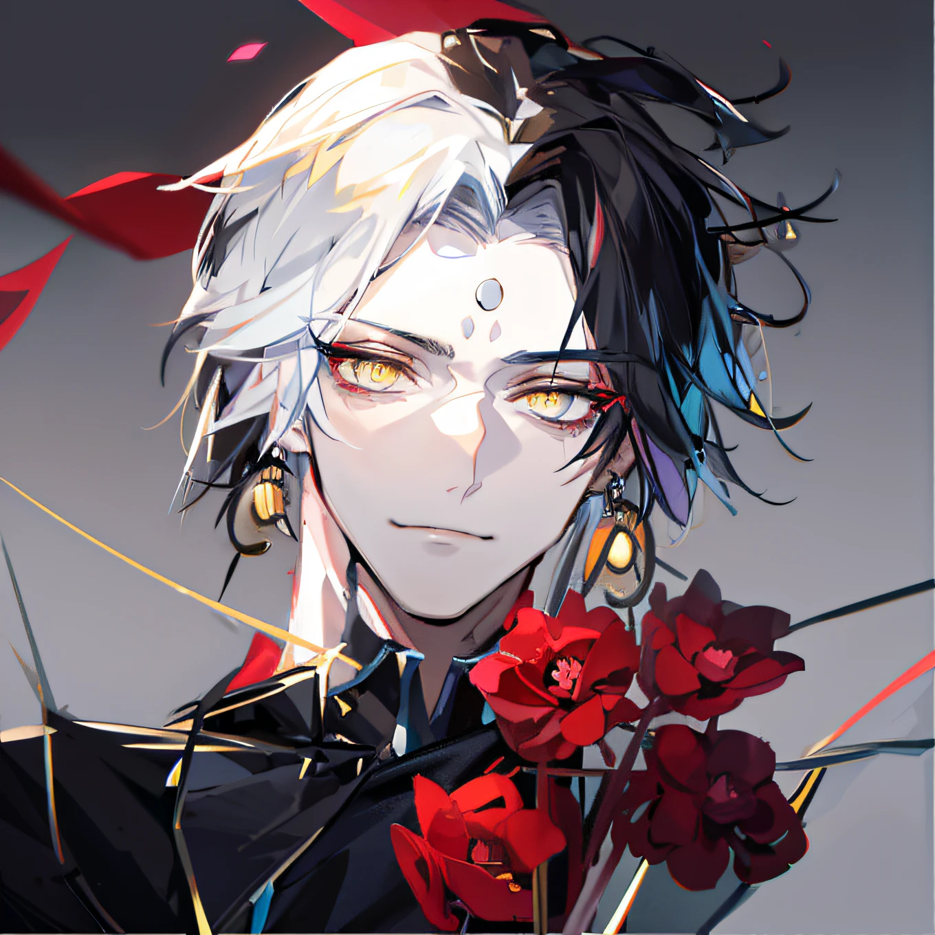 1boy,Close-up of a man with short hair, perfect lineart, his eyes look wise, anime tribal boy with long hair, johan liebert mixed with alucard, clean anime outlines, Handsome anime pose, Tall anime guy with golden eyes, Anime handsome man,golden hair,White pattern on the forehead,Black eyebrows and eyeliner,Holding a bouquet of pale flowers in his left hand,Open-chested collar,Black earrings in the shape of a half-moon shape,The middle of the jewelry is round and glowing。