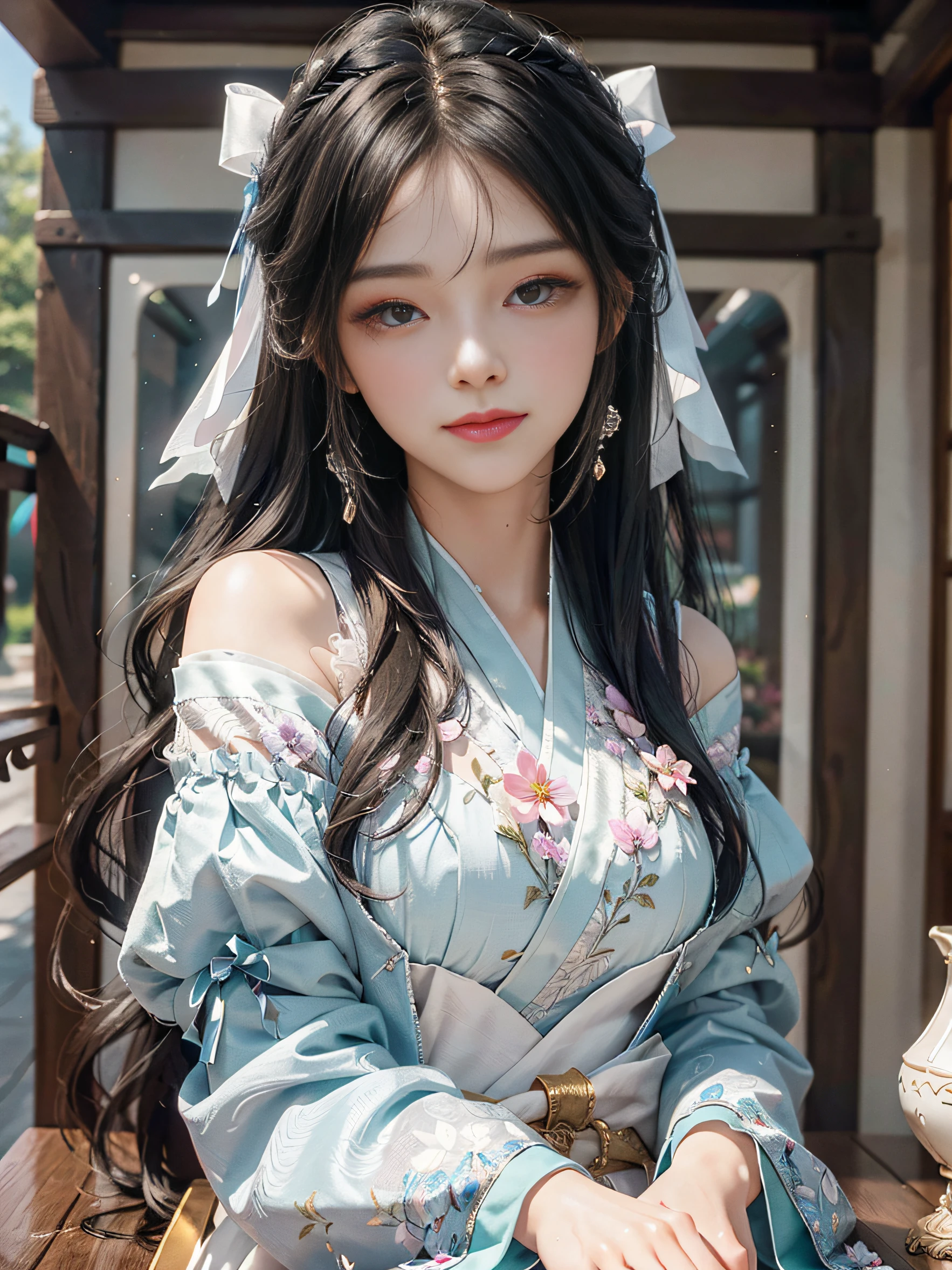 8K, Super detail, Accurate, Best quality, tmasterpiece,ung woman,Perfect body proportions, Cute and well-behaved, ellegance,Hair ribbon, Neat bangs, Black hair, jewelry, Bright pupils,, Blushing ears, solid circle eyes, cheerfulness, (Hanfu: 1.5), Seductive smile,Gentle water-like eyes, courtyard, Brilliantly lit, splendid, In the gentle moonlight, Ambilight, (Bright colors), (dream magical: 1.5), Glowing light, angle of view, Wide-angle, CG