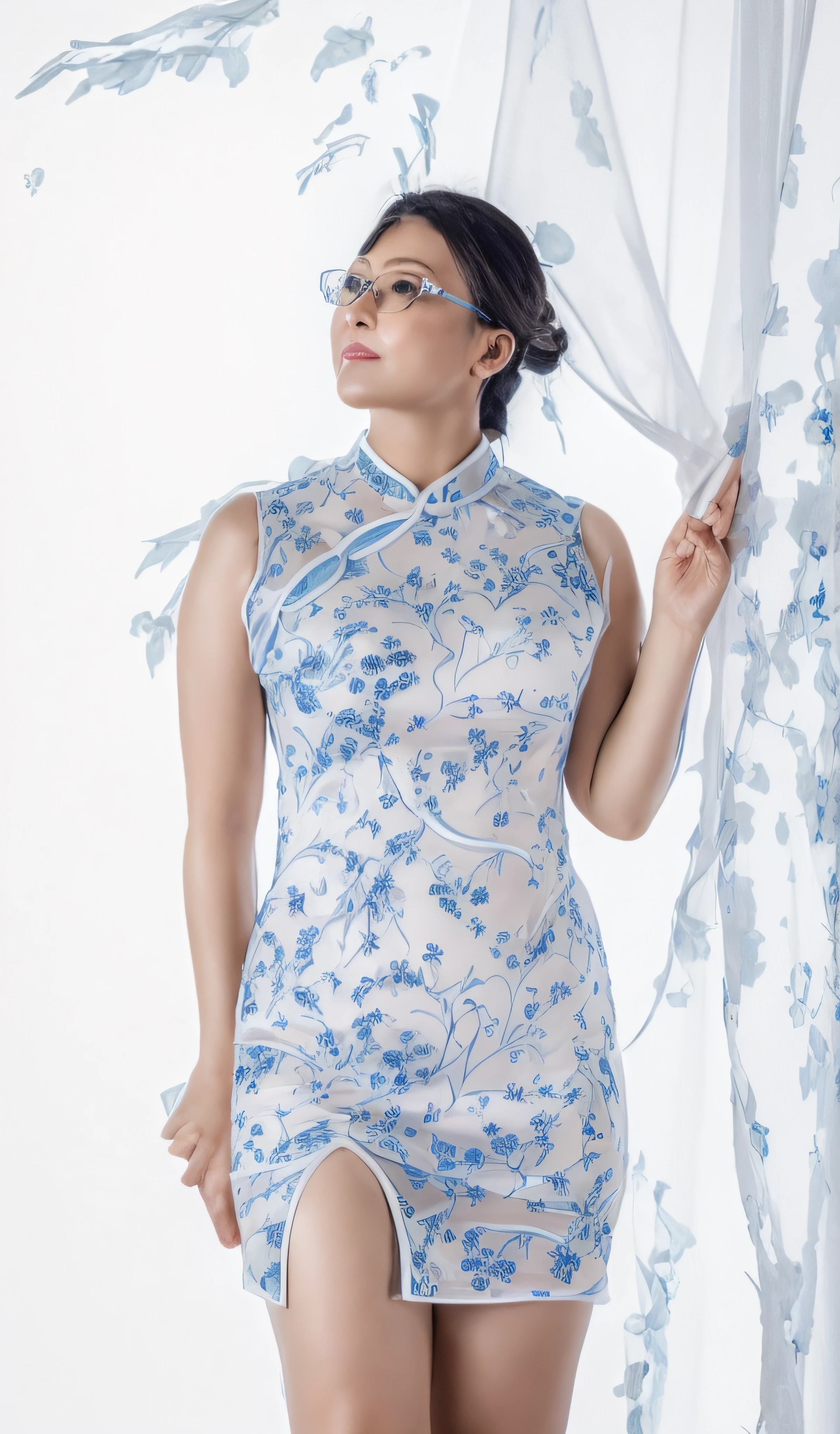 ((Unbeatable masterpiece, Best quality)),     mombod , Generally mature females, , ,A 50-year-old woman, short  skirt,  huge boob：1.2，Translucent cheongsam clothes，having fun，Seductive eyes，delicated face，Wearing glasses：1.2，simplebackground：1.3