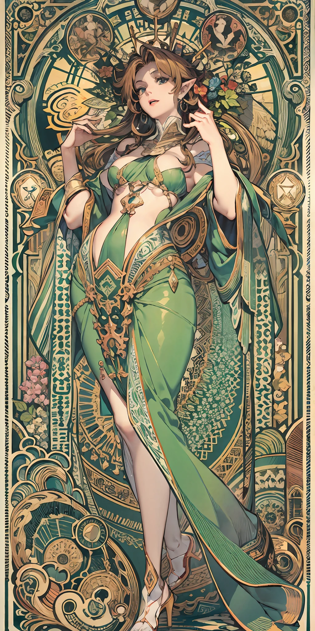 Charming leprechauns，Slim，long ear，Wear blue transparent sex tulle，sexy for，Sexual temptation，leering，full bodyesbian，naked leg，There are no ornaments on the legs，Flower frame，Decorative panels， abstract artistic， Alphonse Mucha （tmasterpiece， best qualtiy， A high resolution： 1.4）， A detailed， Complicated details， 4K， Color splattering， Line art， Fibonacci，  （tarot cards），Cards，