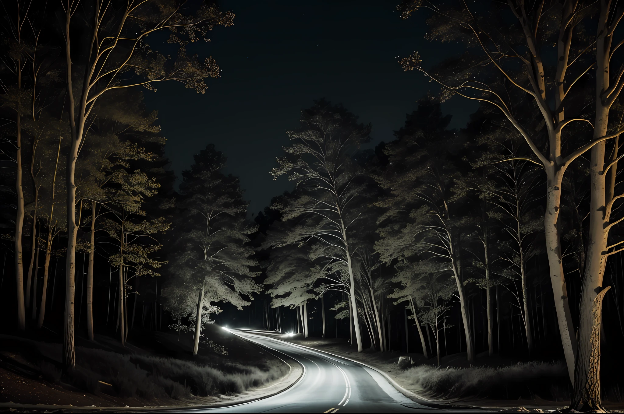 a hill with trees, night scene, portrait, wide angle, 1/2 shutter speed, shades of black in the background, incredibly detailed and intricate, hyper maximalist, elegant, ornate, hyper realistic, super detailed