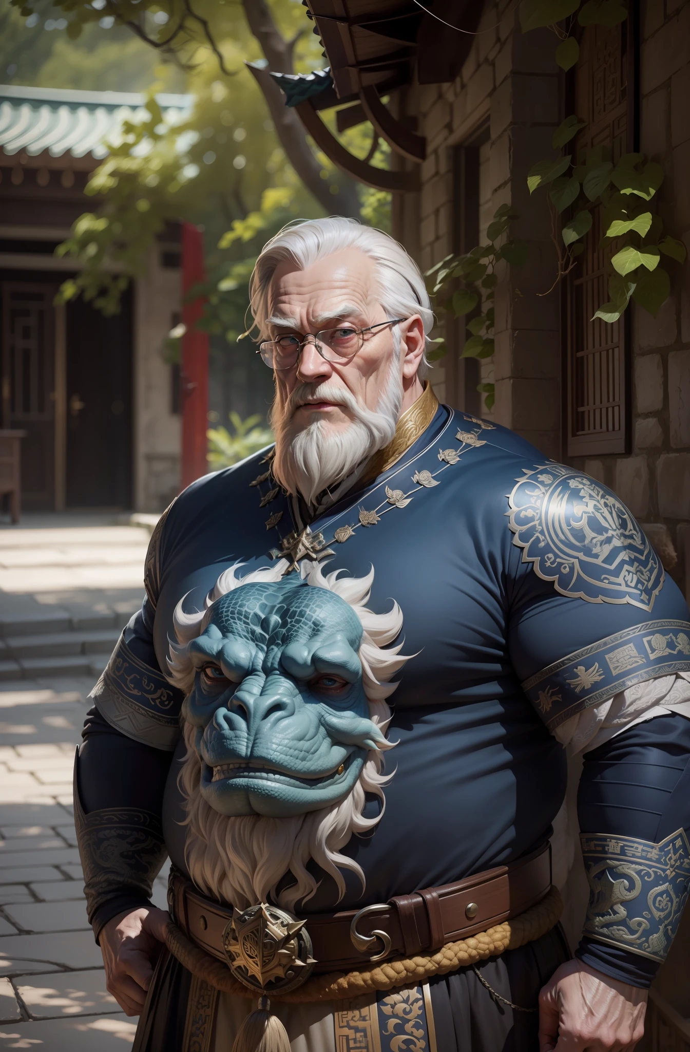 dumbledore，a old man，Big chest，wearing an outfit，Wearing Chinese dragon armor，Wearing a crocodile head hat,muscle men， Man ,Wear half-moon glasses