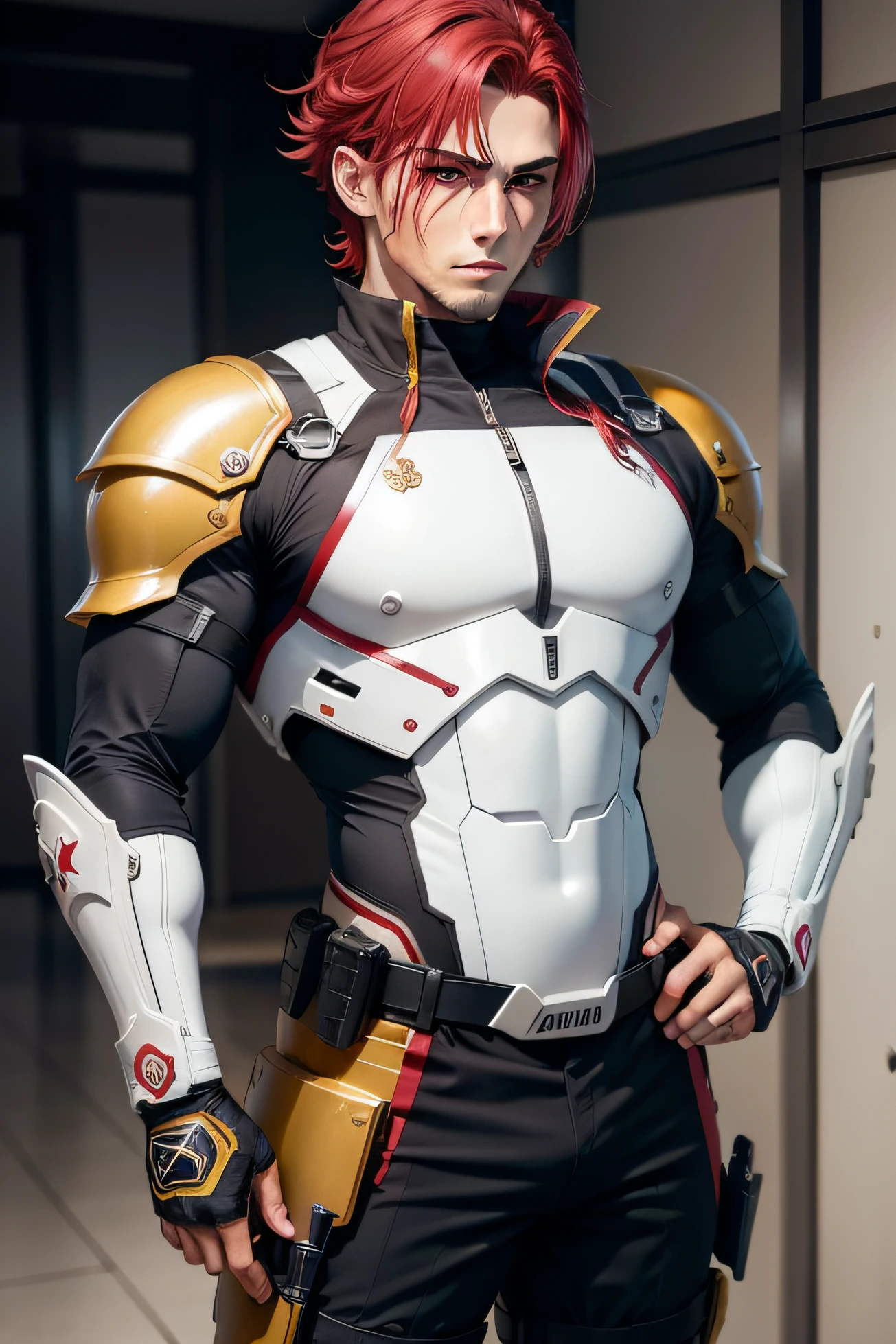 homem estilo anime, cabelo curto vermelho escuro, corpo inteiro, uniforme de combate branco com detalhes vermelhos e dourado, Tactical combat equipment