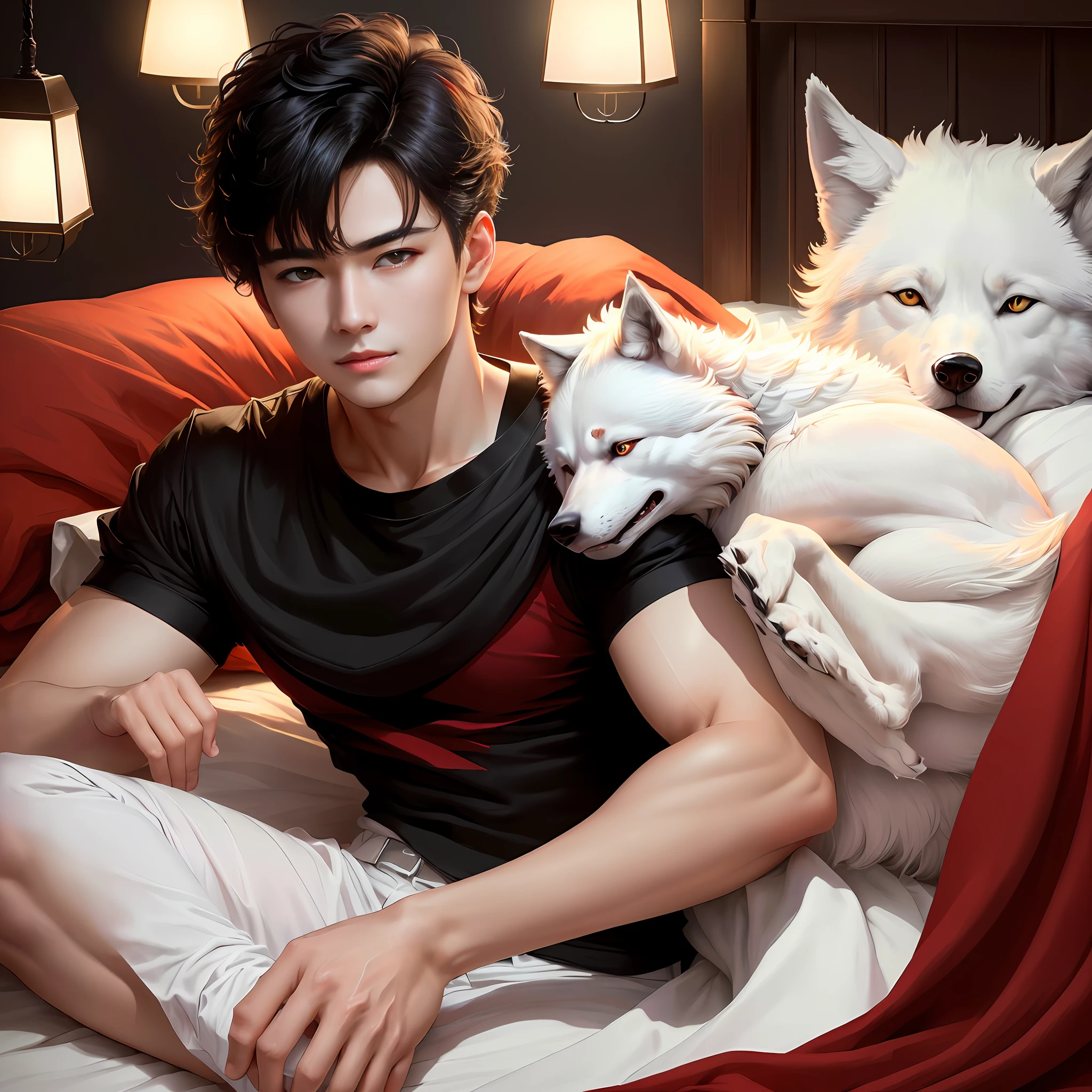 A final quality picture，High-quality lighting and 8K resolution，Show a handsome guy dressed in white，with short black hair，red color eyes，He lay on the white bed，Next to it lies a cute little wolf。