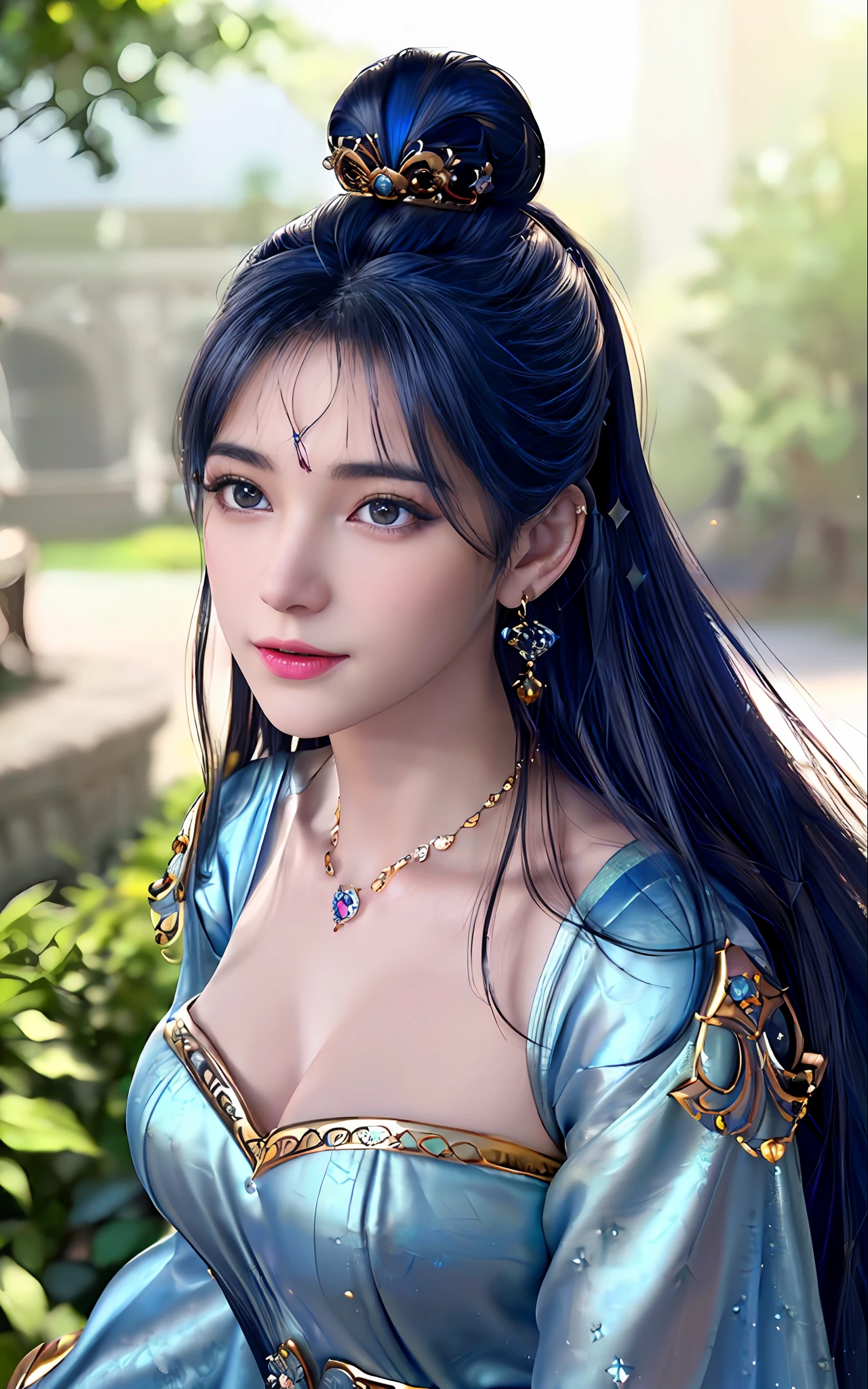 ((realisticity: 1.2)), ((best resolution: 8K UHD)), best quality,masterpiece,highres,cg,
((1 super detailed and super realistic girl)), ((very beautiful queen dazzling, super realistic, and super detailed)),((white skin, beautiful, smooth, youthful, super realistic and super detailed
)), long hair, ((super realistic and super detailed dress)), solo, ((super realistic, super beautiful, gorgeous and super detailed jewelry)), ((super beautiful, super realistic and super detailed dark blue and golden yellow dress)),
((super beautiful, super realistic, super detailed diamond filled earrings)),
((super beautiful, super realistic and super detailed diamond filled hair ornament)), ((super beautiful upper body, super beautiful, super realistic and super detailed)), ((big breasts: 2.5)),
((super grand, super realistic and super detailed royal palace backgroun))
((super beautiful, super beautiful, super realistic and super detailed hair bun)), ((super beautiful, super realistic and super detailed blue hair)),
candid, Photograph, high resolution, 8k,Bokeh,