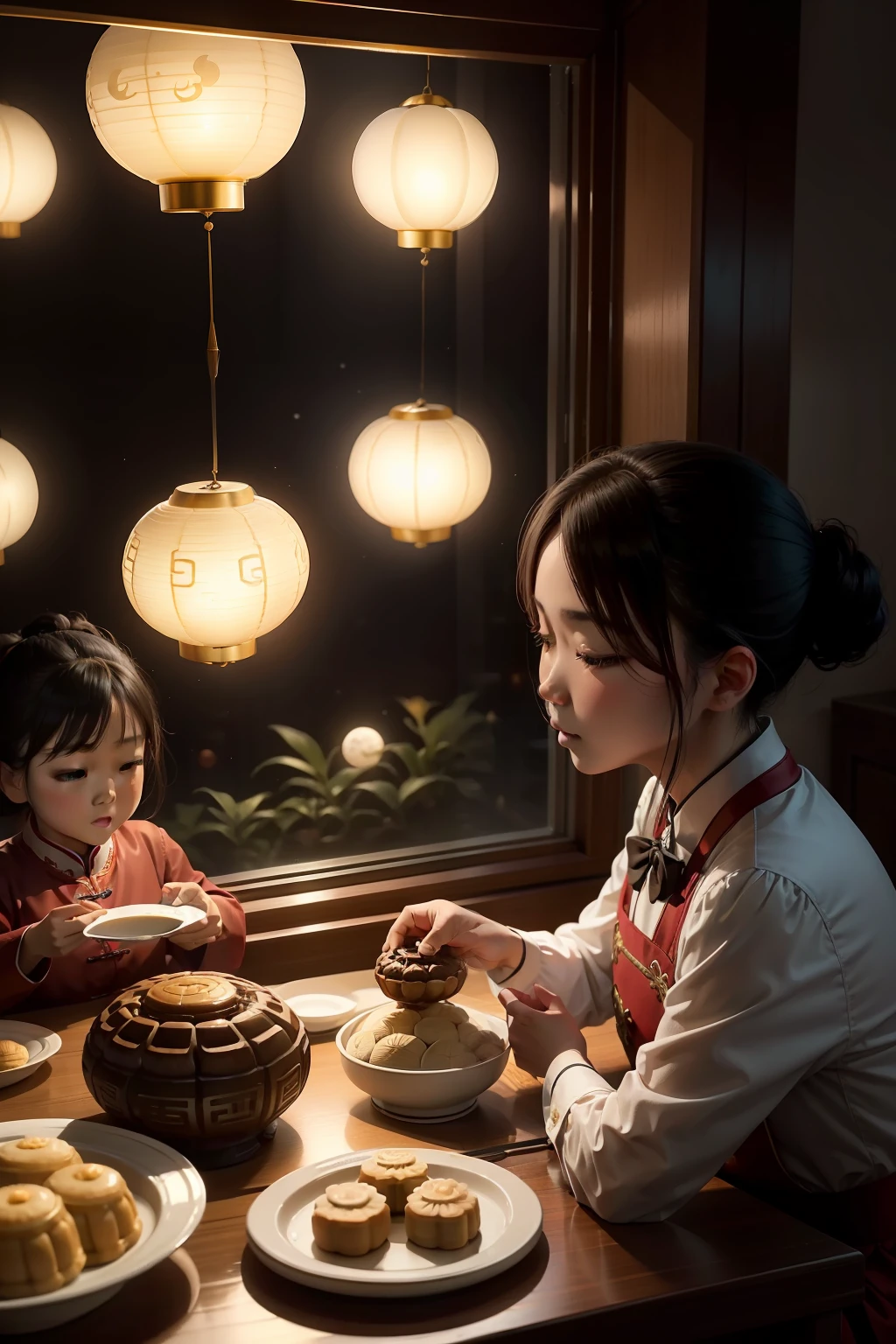 dining table,Moon cake,Moon background outside window,The family reunited for the Mid-Autumn Festival to eat mooncakes,large scene,Chinese style,janelas,lanterns,The lights are shining,best qualtiy, A high resolution, ultra - detailed,