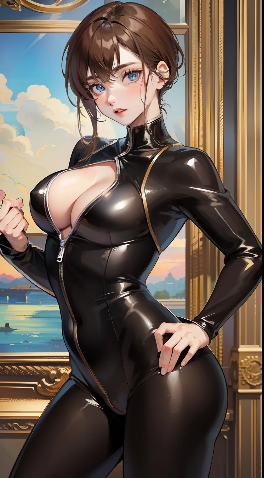 Young guy, short brown hair, blue eyes, black catsuit, Masterpiece, hiquality