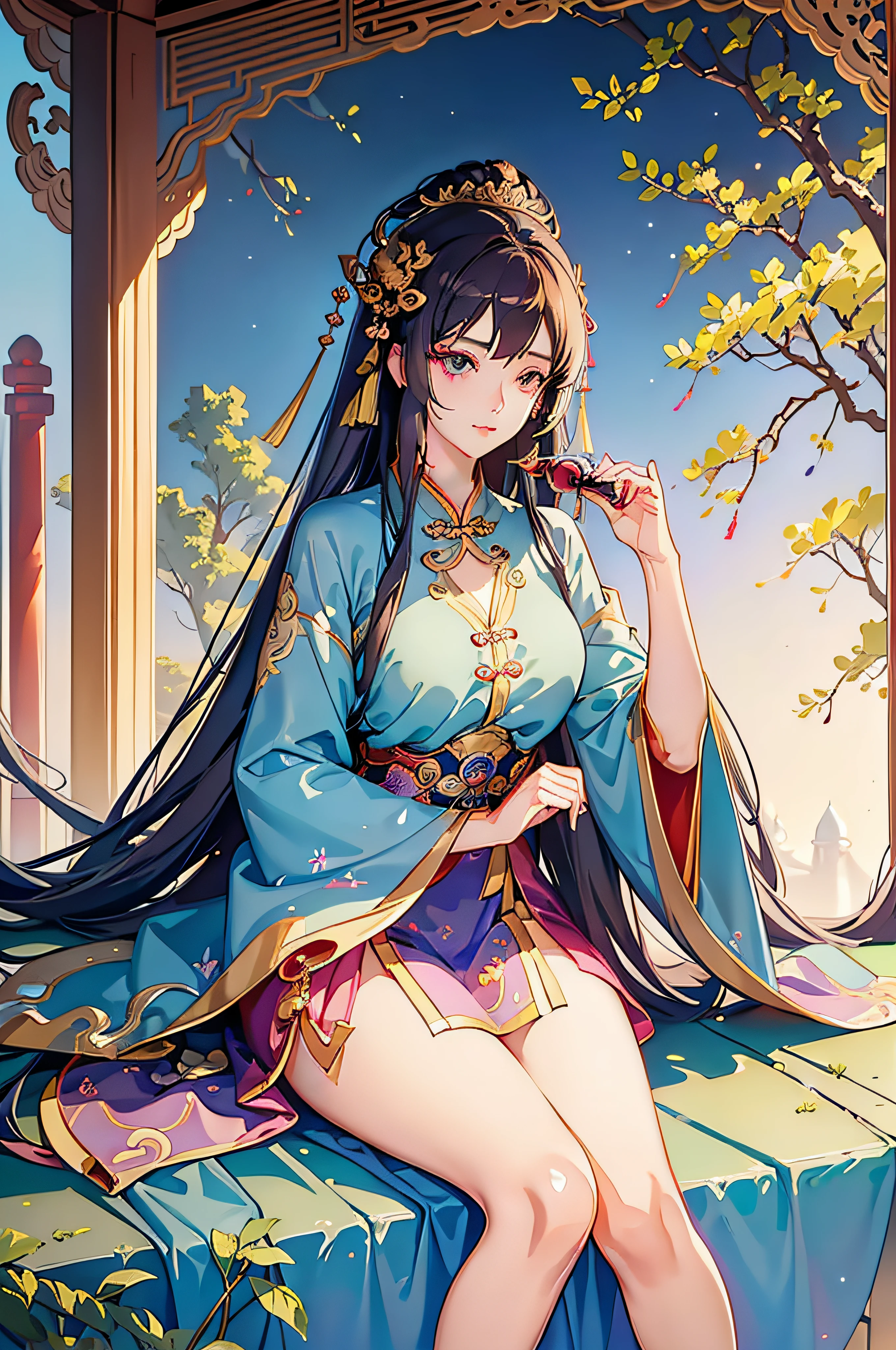 Anime woman sitting on a bench drinking a glass of wine, Palace ， A girl in Hanfu, Guviz, Guviz-style artwork, ((a beautiful fantasy empress)), by Yang J, a beautiful fantasy empress, Guweiz in Pixiv ArtStation, Guweiz on ArtStation Pixiv, Anime goddess