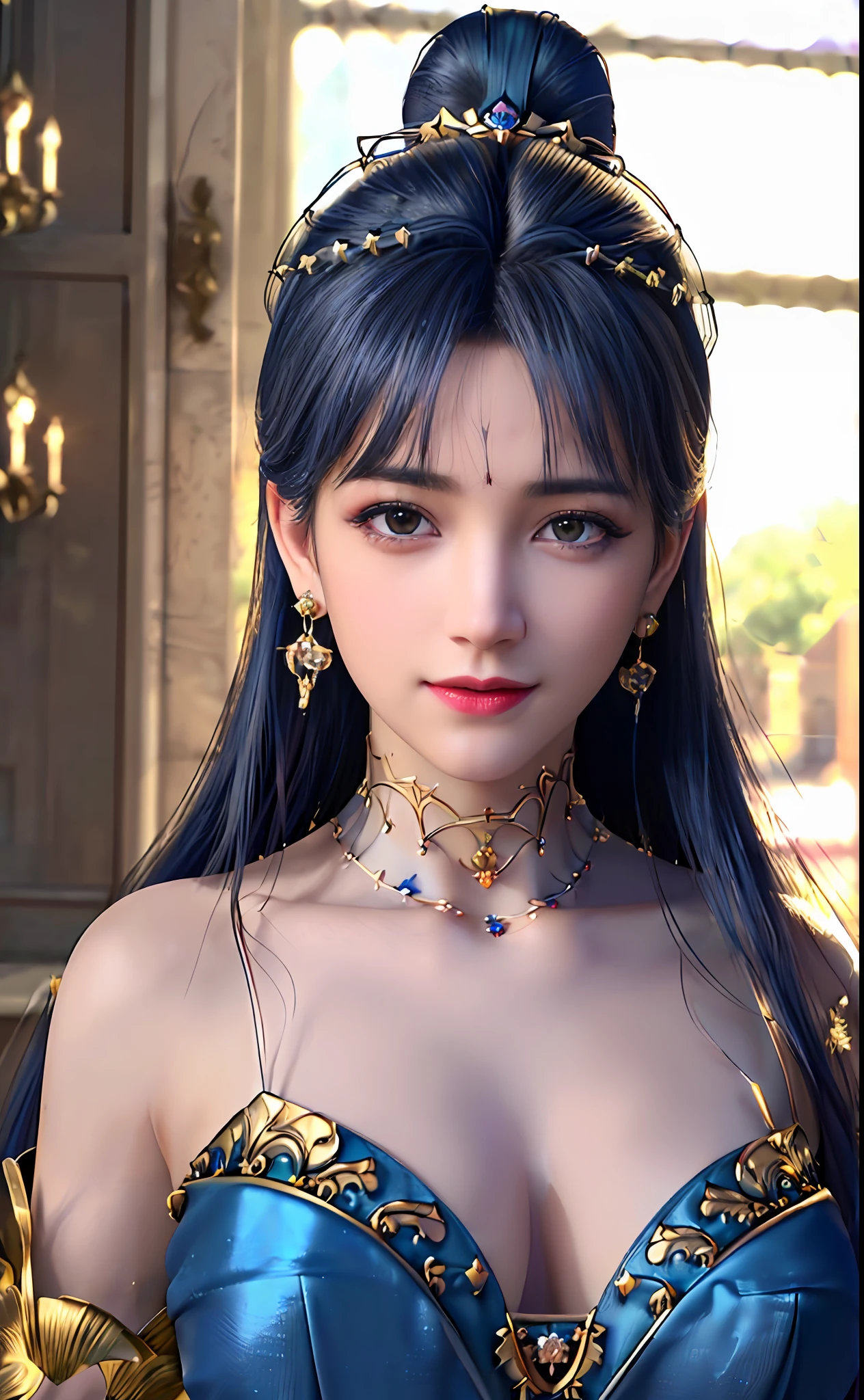 ((realisticity: 1.2)), ((best resolution: 8K UHD)), best quality,masterpiece,highres,cg,
((1 super detailed and super realistic girl)), ((very beautiful queen dazzling, super realistic, and super detailed)),((white skin, beautiful, smooth, youthful, super realistic and super detailed
)), long hair, ((super realistic and super detailed dress)), solo, ((super realistic, super beautiful, gorgeous and super detailed jewelry)), ((super beautiful, super realistic and super detailed dark blue and golden yellow dress)),
((super beautiful, super realistic, super detailed diamond filled earrings)),
((super beautiful, super realistic and super detailed diamond filled hair ornament)), ((super beautiful upper body, super beautiful, super realistic and super detailed)), ((big breasts: 2.5)),
((super grand, super realistic and super detailed royal palace backgroun))
((super beautiful, super beautiful, super realistic and super detailed hair bun)), ((super beautiful, super realistic and super detailed blue hair)),
candid, Photograph, high resolution, 8k,Bokeh,