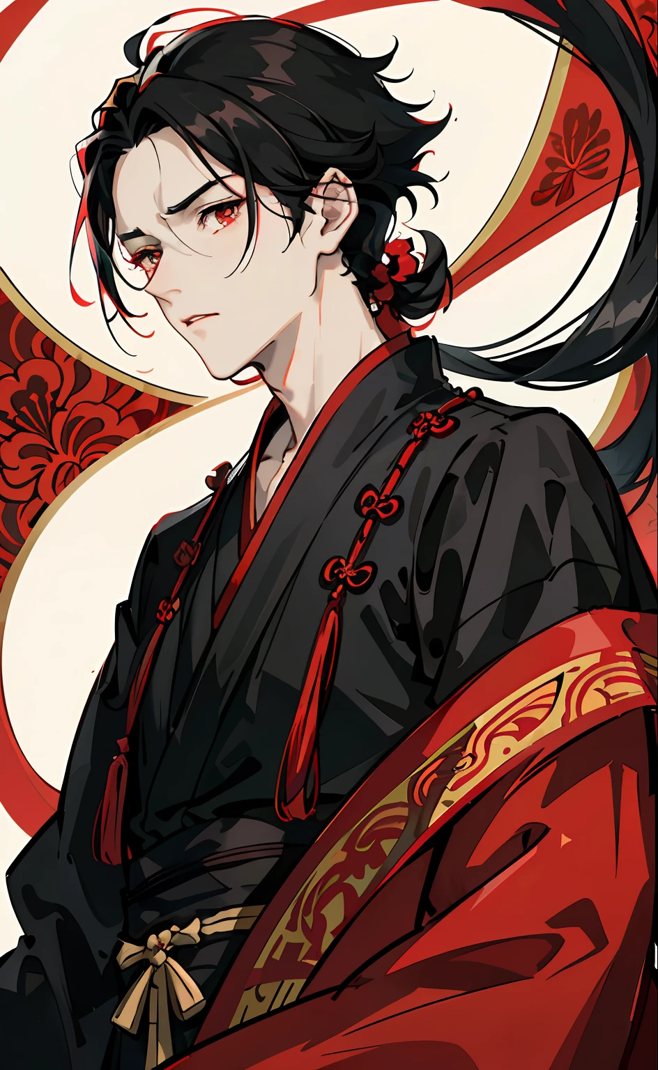 Mature boy, black hair, floating hair, delicate eyes, red pupils, black and red antique damask hanfu, FOV, f1.8, masterpiece, complex scene, gorgeous portrait shot