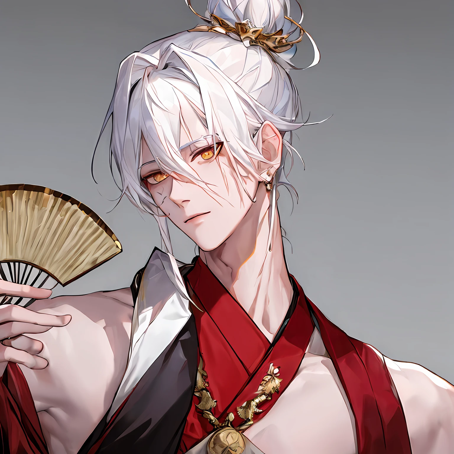 (((1boy))), ((toned)), male focus, masterpiece, high quality, (masterpiece:1.2), (best quality:1.2), shiny skin, realistic, ornate, intricate, white fox ears, ((white hair)), (long hair), gold eyes, scar _on_face, bangs, hair between eyes, hair_stick, fox_boy, japanese_clothes, jewelry, solo, pointy_ears, hair_bun, hair_ornament, hair_pin, holding_fan, paper_fan, elegant, looking_at_viewer, holding_fan, red_eyeliner, FH,