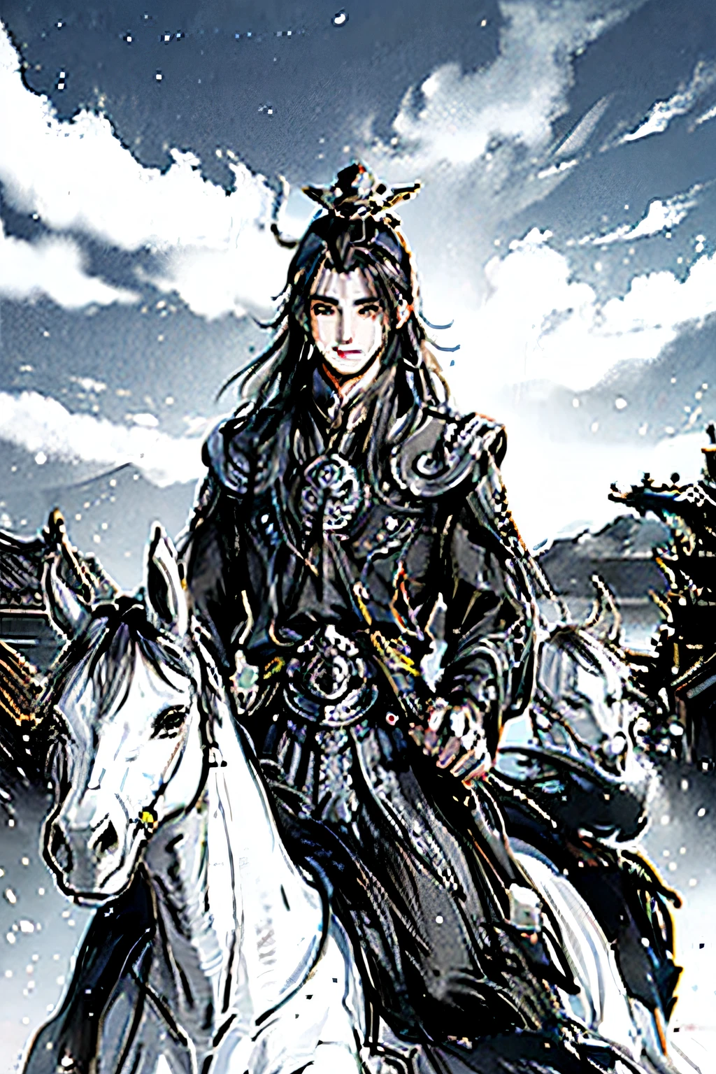 Masterpiece, Best quality, Ancient style,Chinese man's face，Under dusk，Black ancient Chinese armor man returns on horseback，Faraway view