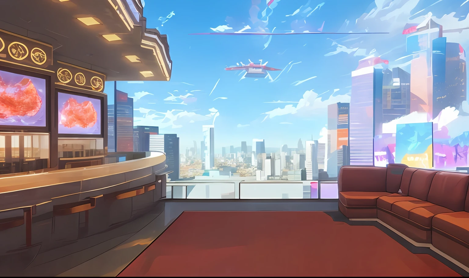 in a panoramic view,landscape,(((High quality))),highly_Detailed,extremely_Detailed_CG_Unity_8K_the wallpaper,illustration,A high resolution,absurderes,High saturation,Building, album_cover, architecture, Balcony, Blue_sky, Bar counter，led screens， Red leather sofa， Building,floor to ceiling window，City, Cityscape, Cloud, Cloudy_sky, day,Real_world_location, Rooftop, scenery, sky, skylines, skyscraper, toyko_\(City\)