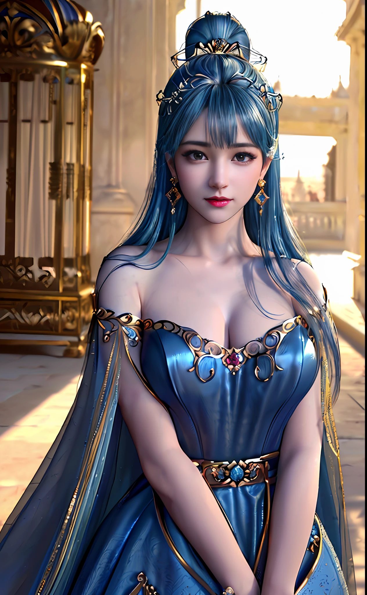 ((realisticity: 1.2)), ((best resolution: 8K UHD)), best quality,masterpiece,highres,cg,
((1 super detailed and super realistic girl)), ((very beautiful queen dazzling, super realistic, and super detailed)),((white skin, beautiful, smooth, youthful, super realistic and super detailed
)), long hair, ((super realistic and super detailed dress)), solo, ((super realistic, super beautiful, gorgeous and super detailed jewelry)), ((super beautiful, super realistic and super detailed dark blue and golden yellow dress)),
((super beautiful, super realistic, super detailed diamond filled earrings)),
  ((super beautiful, super realistic and super detailed diamond filled hair ornament)), ((super beautiful upper body, super beautiful, super realistic and super detailed)), ((big breasts: 2.5)), 
((super grand, super realistic and super detailed royal palace backgroun))
((super beautiful, super beautiful, super realistic and super detailed hair bun)), ((super beautiful, super realistic and super detailed blue hair)),
candid, Photograph, high resolution, 8k,Bokeh,