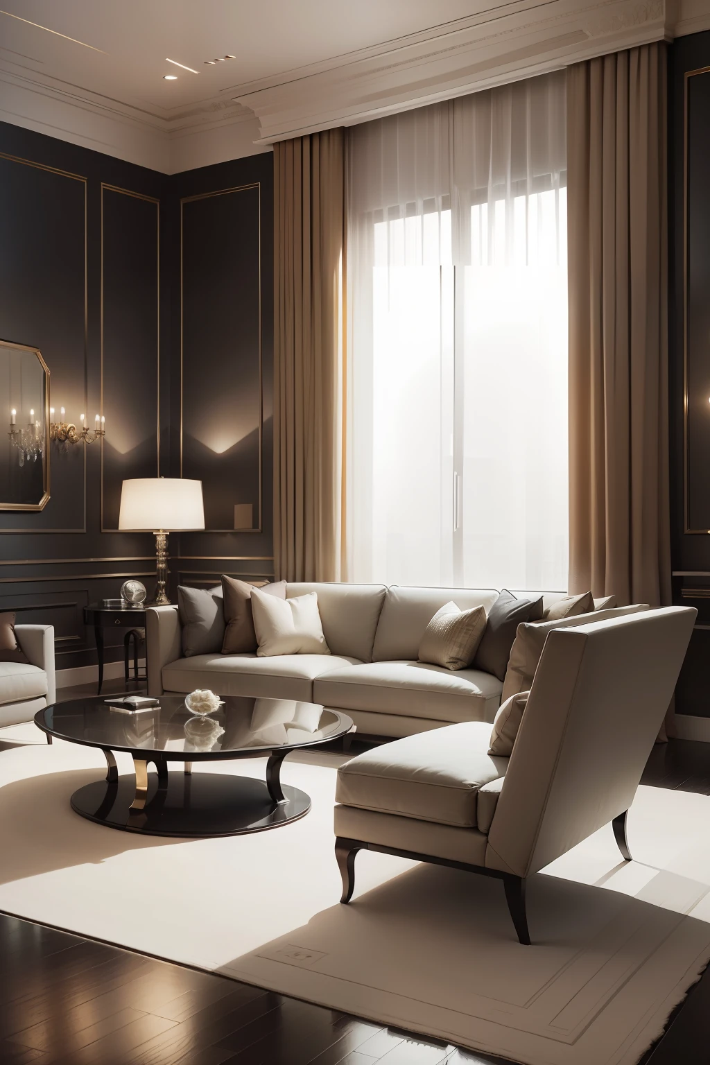 You have been selected(a) to design the interior of a high-end apartment in a modern metropolis. Create a sophisticated living room space with Minotti furniture, incorporating a set of sofas and armchairs from the brand's latest collection. Use neutral colors and high-quality materials to highlight the elegant design of furniture, And don't forget to add luxury accessories to complement the exclusive atmosphere
