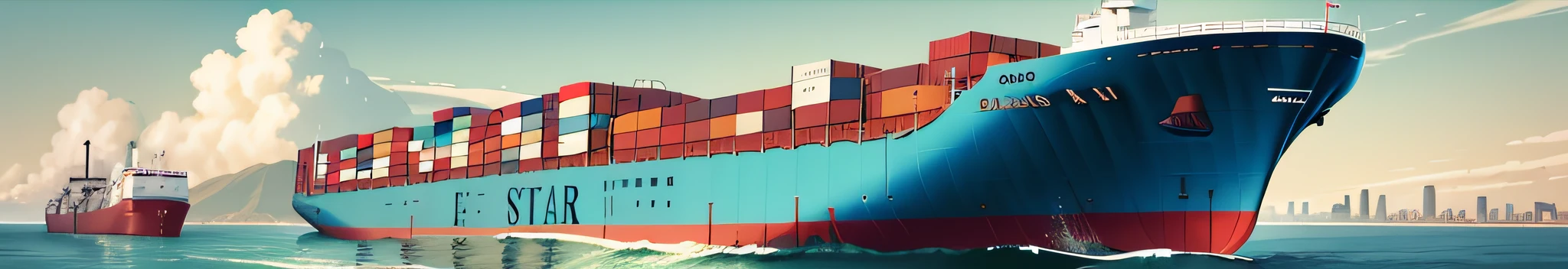 Cargo ships long like blue whales filled with containers floated in the water near the city, blue whale, Flat illustration, whale, Will Ellis, author：Jason Felix, Commercial illustration, rendering, author：Matt Stewart, flying whale, Simple and clean illustration, high quality illustration, author：Sam Black, 2. 5 d illus, cyborg whale, 🚿🗝📝, Full width, author：Master Ella