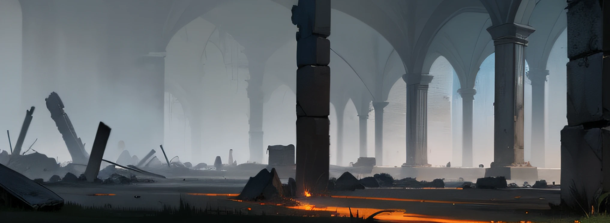 uhd，retinas，tmasterpiece，Background with，high qulity，8k，A high resolution，Sword and magic，Ancient ruined city，Gray sky，There are burnt marks everywhere，Foggy
