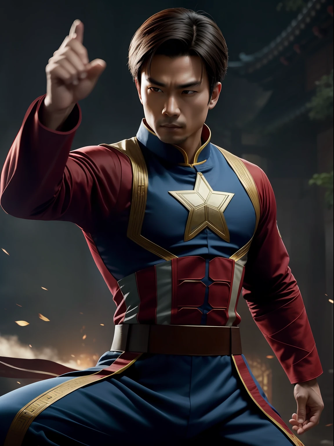 A Chinese kungfu master as Captain America wearing a typical Chinese kungfu master's clothes, cinematic, extreem realistic, extreem detailed, extreem Sharp, full body shot