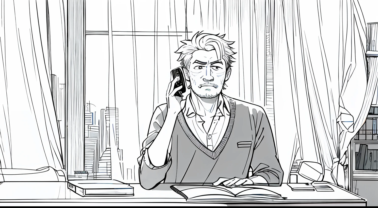 "(((Best quality))),(((Ultra detailed))),(((Masterpiece))),illustration,1人,The uncle sits in a spacious and bright office, making a phone call. He was holding a cell phone in his hand, On a table, There was a laptop and a cup of coffee. There are some decorative paintings hanging on the walls, adding a touch of elegance. Sunlight shines through the white curtains, Cast soft light."