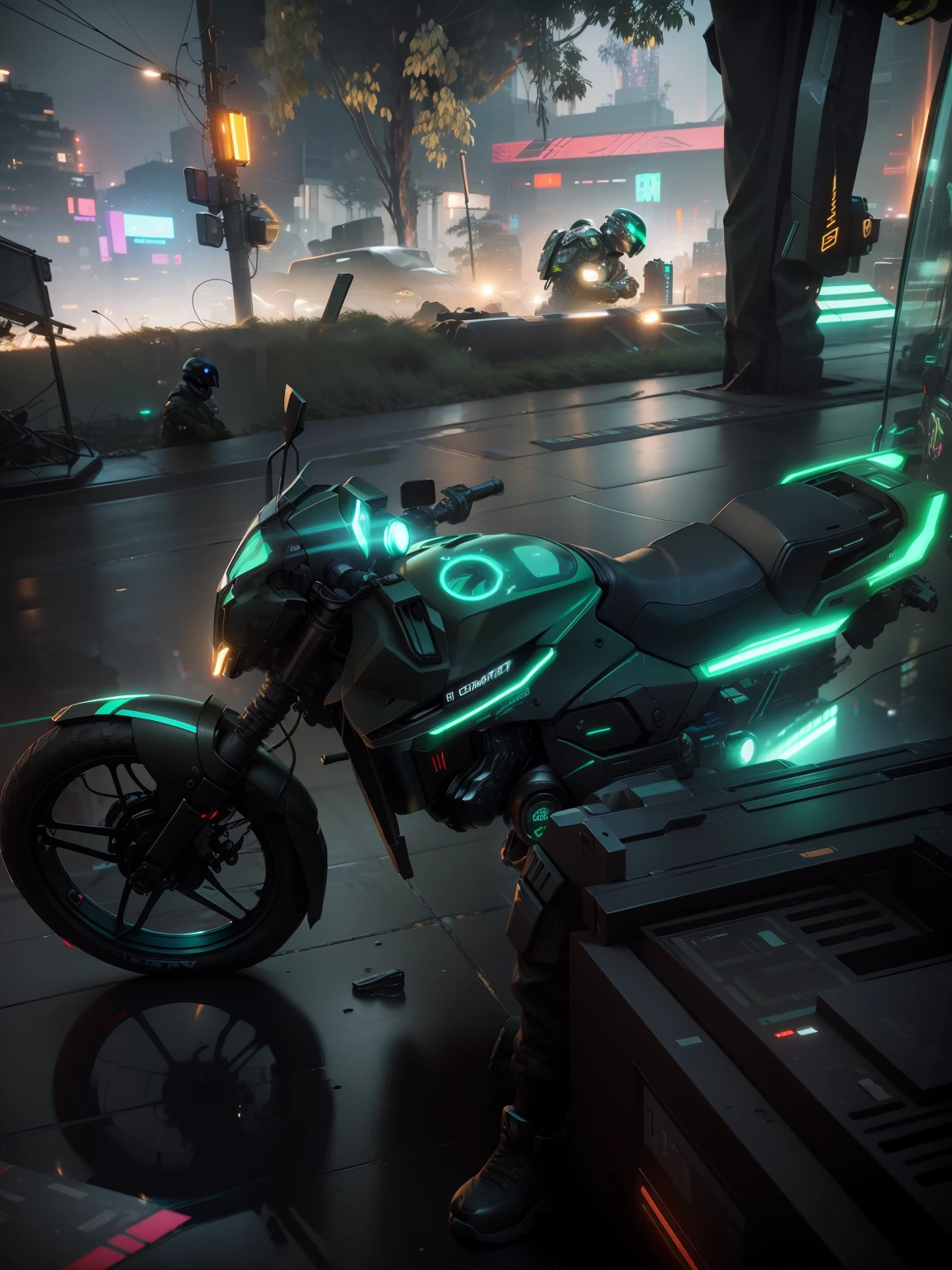 (masterpiece, full body shot, intricate raw photography) Cyberpunk citizen, comfortable super oversized asymetrical
green camouflage pattern techwear jacket, black hoodie, black cargo pants, black clothing, dark, wearing a futuristic black high-tech helmet daft punk style, aerodynamic, intricate, futuristic, advanced technology, dark environment, dramatic, light and shadow, cinematic, action movie, sharpness, random relaxed position, cyberpunk city, street neon lights, dark street, night, insta photo, photo of the year, octane render, substance, Maya 3D, cinema4D, ArtStation Trending, Devian Art Trend,