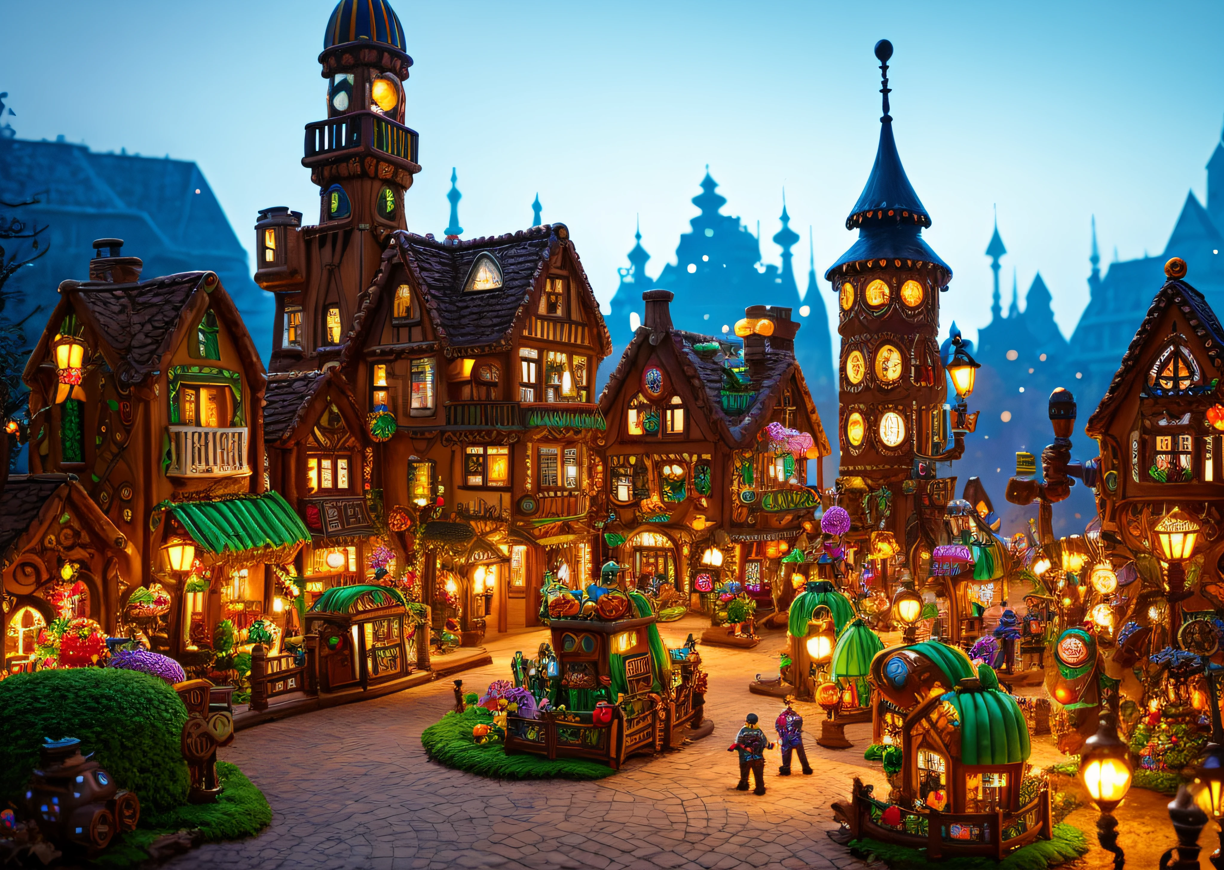 gingerbread candy village, steampunk, cinematic scene, art deco, studio lighting, robot, colorful, inspectorcore, fantasy, fairytale, intricate, forest, fireflies, flowers, halloween, christmas, hansel and gretel, background blur, bokeh, medium shot, visually stunning, matte painting, concept art, trending on artstation, artgerm, cgsociety