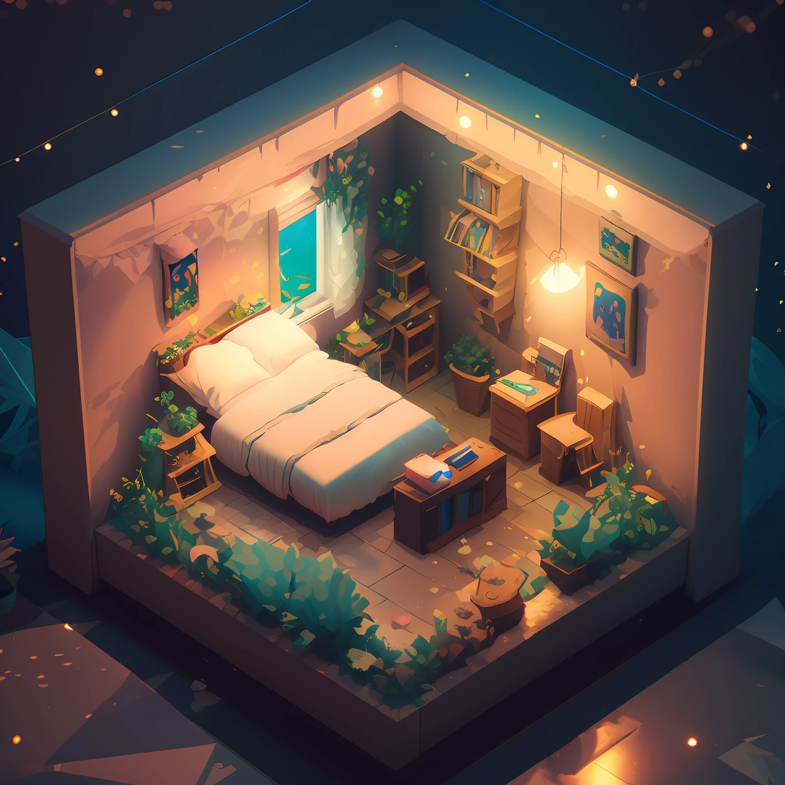 a room with a bed and a desk in it, a low poly render, inspired by Cyril Rolando, pixel art, beautiful isometric garden, underwater in the ocean at night, small and cosy student bedroom, inside a child's bedroom, organic isometric design, portfolio illustration, cute detailed artwork, beeple rendering, blurred and dreamy illustration