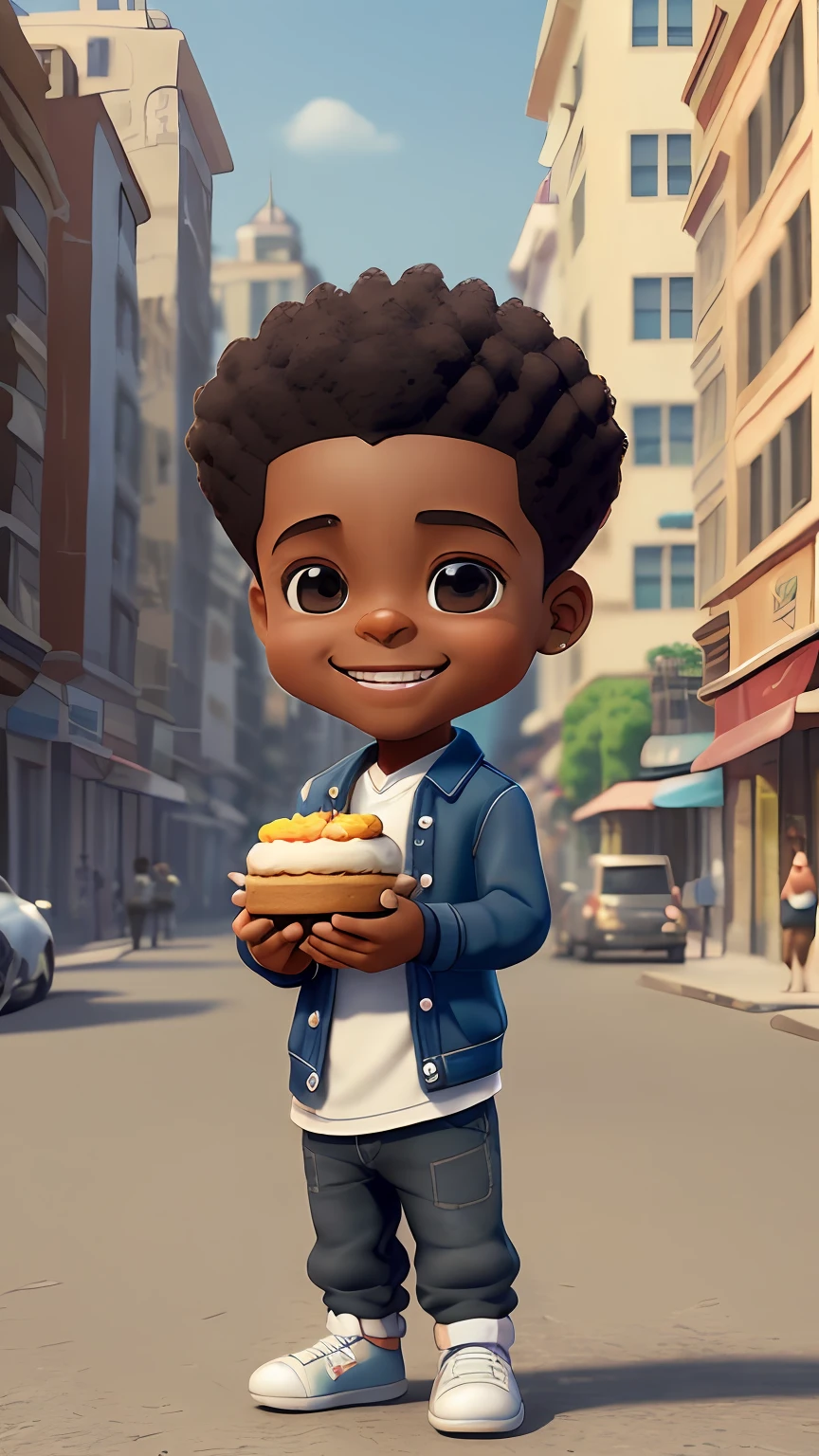 3D cartoon character holding a small cake on a city street, black boy, (detailed facial affections)(((baby))), movie art, clean shot, ghailan!, like a pixar character, handsome young man, afro hair, grace and blessing, (((cute smile))),rendered in unreal, movie promo image, rendered image