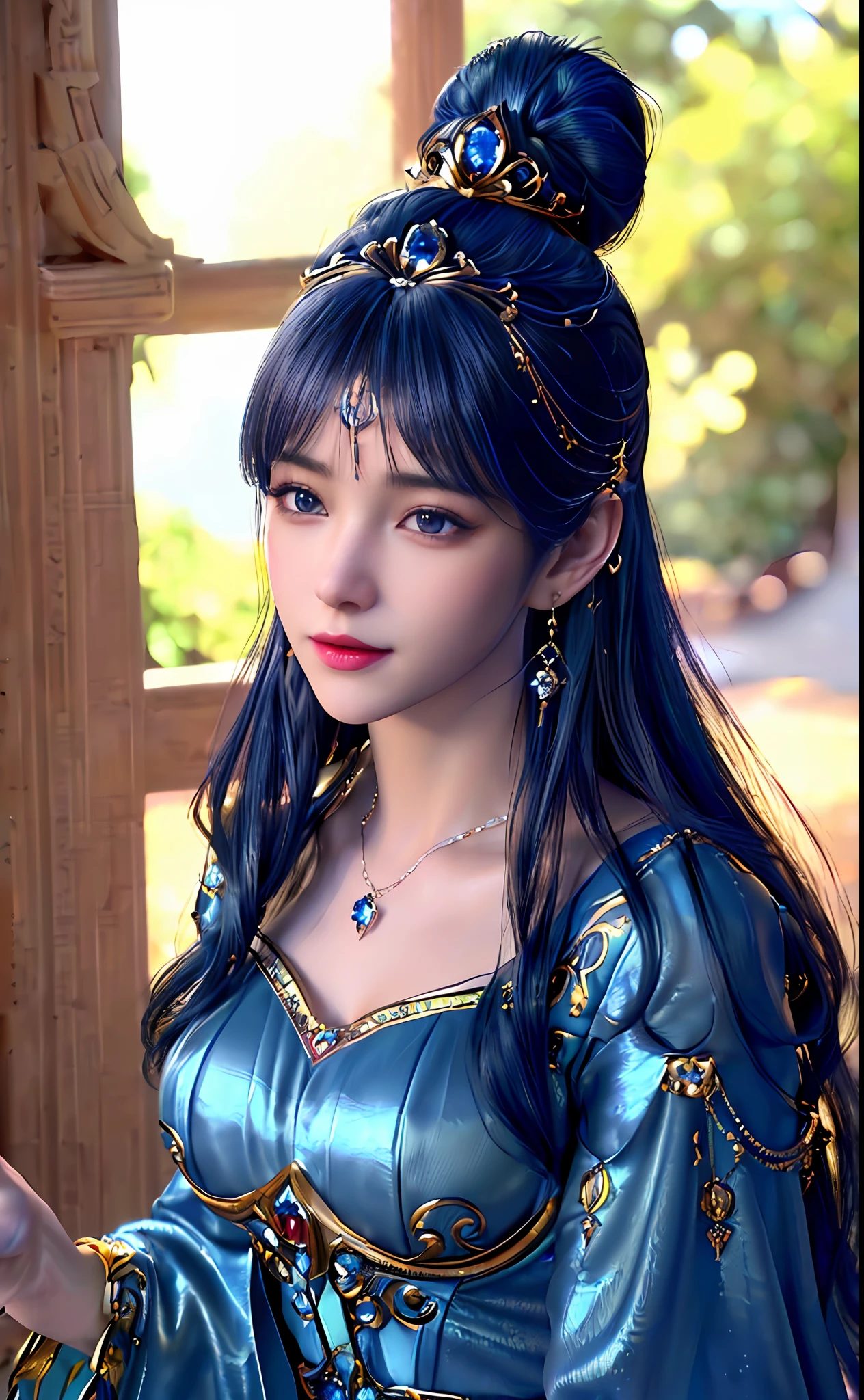 ((realisticity: 1.2)), ((best resolution: 8K UHD)), best quality,masterpiece,highres,cg,
((1 super detailed and super realistic girl)), ((very beautiful queen dazzling, super realistic, and super detailed)),((white skin, beautiful, smooth, youthful, super realistic and super detailed
)), long hair, ((super realistic and super detailed dress)), solo, ((super realistic, super beautiful, gorgeous and super detailed jewelry)), ((super beautiful, super realistic and super detailed dark blue and golden yellow dress)),
((super beautiful, super realistic, super detailed diamond filled earrings)),
  ((super beautiful, super realistic and super detailed diamond filled hair ornament)), ((super beautiful upper body, super beautiful, super realistic and super detailed)), ((big breasts: 2.5)), 
((super grand, super realistic and super detailed royal palace backgroun))
((super beautiful, super beautiful, super realistic and super detailed hair bun)), ((super beautiful, super realistic and super detailed blue hair)),
candid, Photograph, high resolution, 8k,Bokeh,