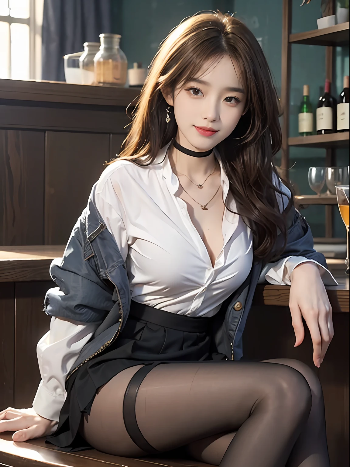 delicated,tmasterpiece,beautifuldetails,extremely colorful,Exquisite details,Delicate lips,The details are complex,Large breasts,1人の女性,(A beautiful 20 year old cute Korean woman:1.1),(kpop idol,Korean mixed-race),(50mm Sigma f /1.4 ZEISS lens, F1.4, 1/800s, ISO 100, photograpy:1.1), (brunette color hair:1.2), (photorealistic:1.4), (spy:1.2), (open jacket,shirt, skirt,tiese,black pantyhoses,christian louboutin\(brand\),:1.3),耳Nipple Ring,choker necklace,armlets,(tavern,bar:1.2),(beautifullegs,High girl,skinny,slim_legs,thigh_gap,model:1.2),Lens flare,seen from the front,(Happy smile:1.1),dynamicposes,(putting makeup on:1.2),Leaning on the bar stool,