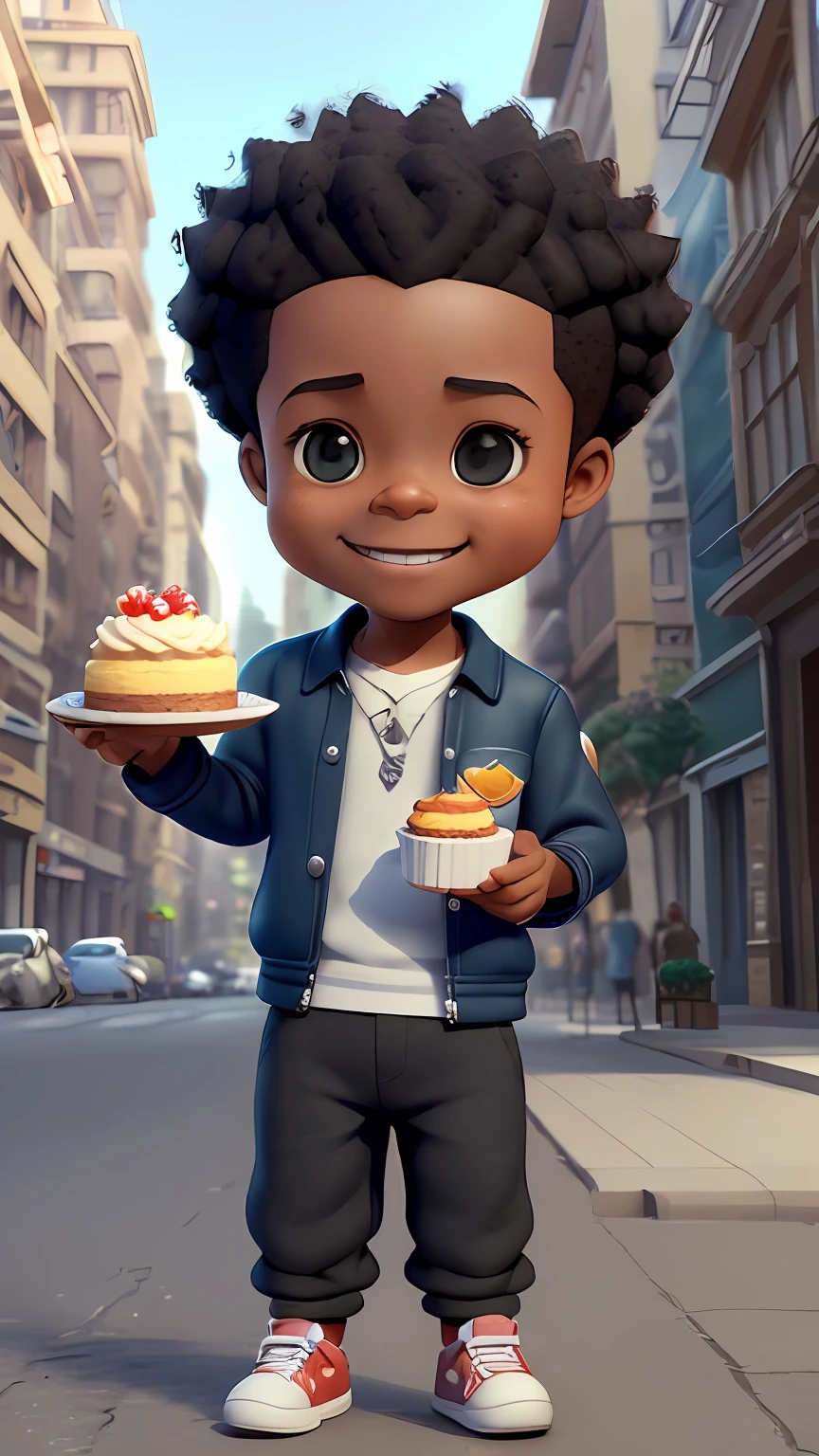 3D cartoon character holding a small cake on a city street, black boy, (detailed facial affections)((())), movie art, clean shot, ghailan!, like a pixar character, handsome young man, afro hair, grace and blessing, (((cute smile))),rendered in unreal, movie promo image, rendered image