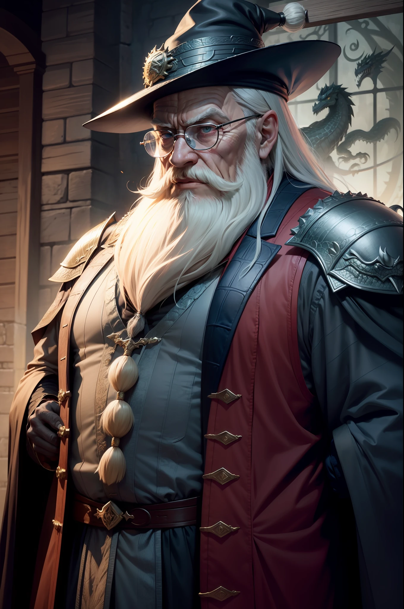 dumbledore,a old man,Big chest,wearing an outfit,Wearing Chinese dragon armor,Wearing a crocodile head hat,muscle men, Man ,Wear half-moon glasses,Realiy
